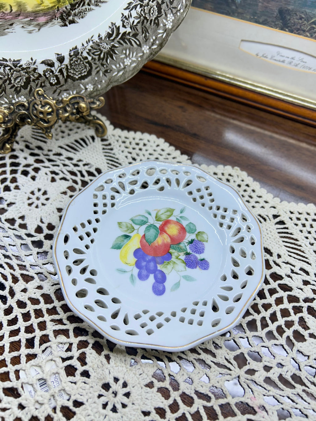 Vintage reticulated decorative handpainted Cutwork plate
