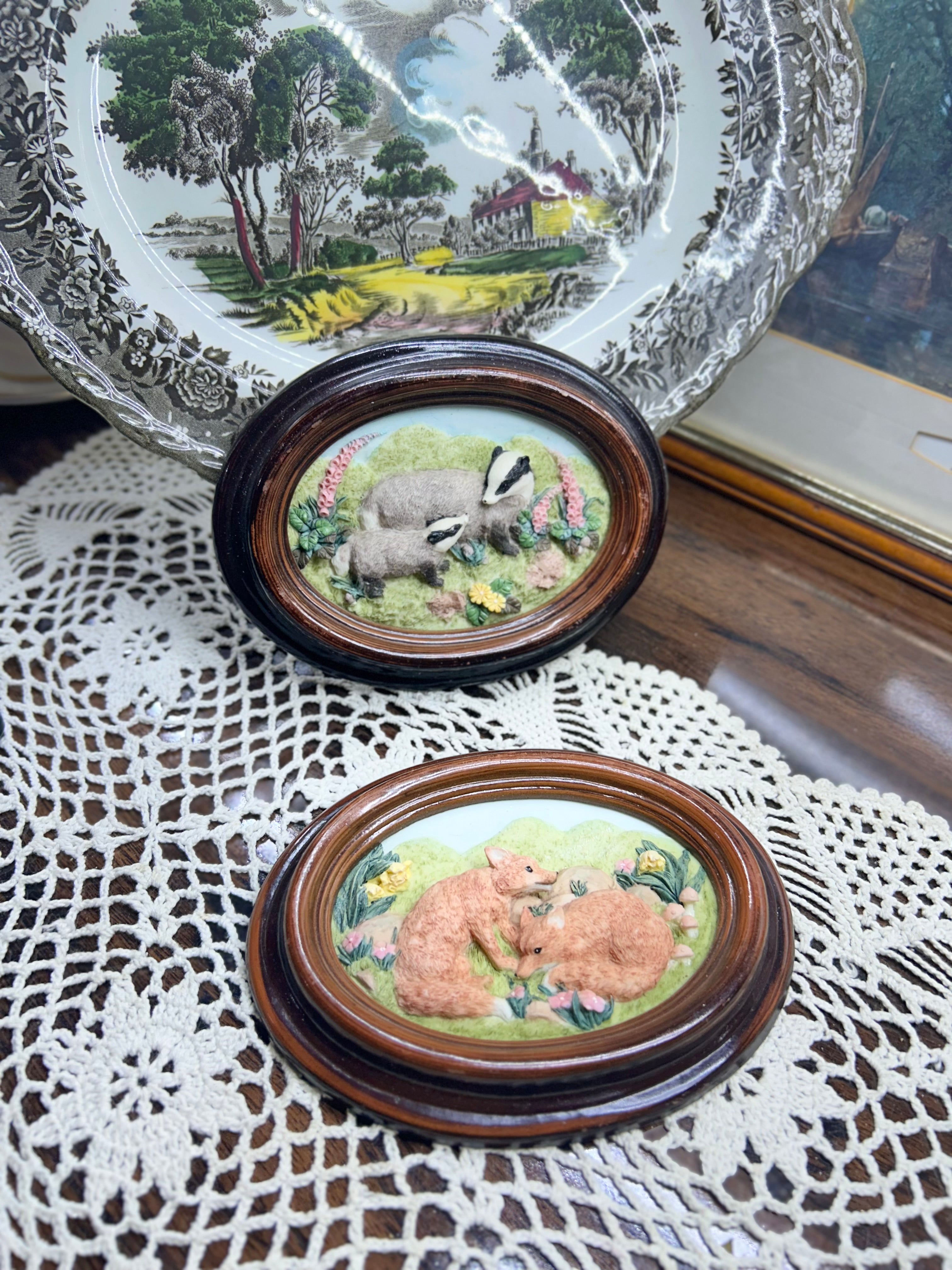 vintage PAIR OF collectible wall plaques ceramic, featuring felted or sculpted designs of British wildlife