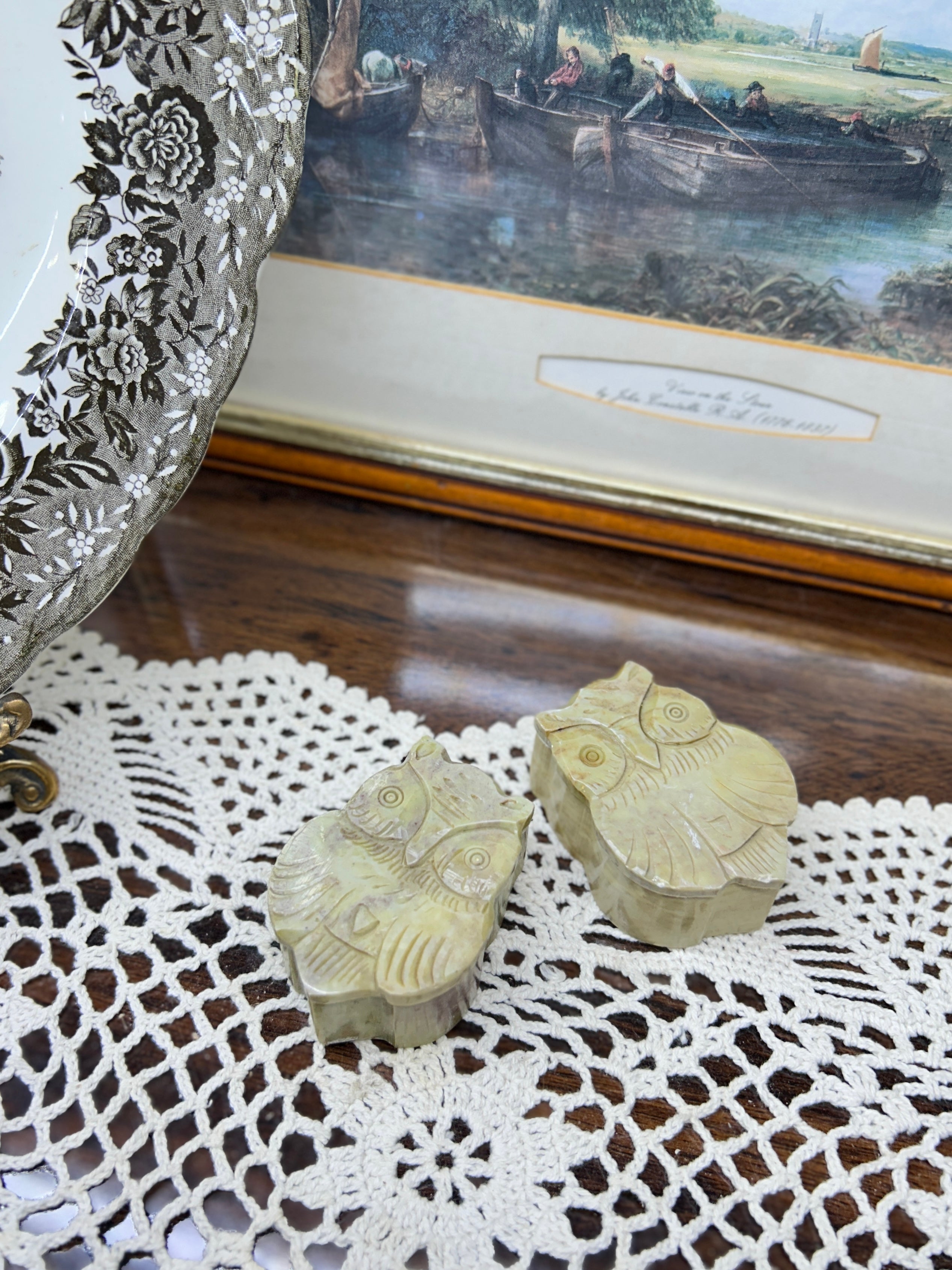 Vintage marble hand-carved owl trinket boxes — Made in India