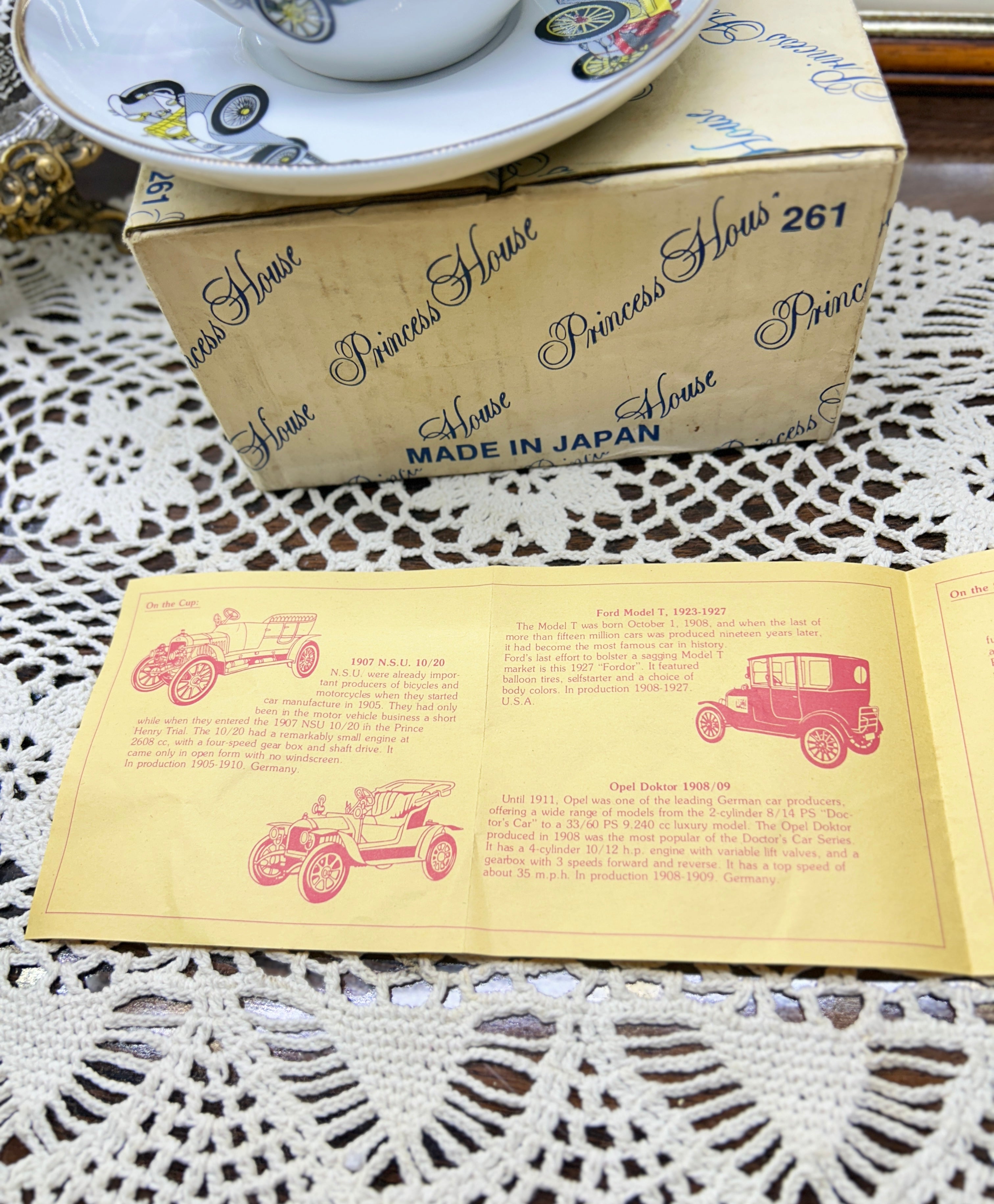 vintage Princess House cup and saucer set with antique car illustrations — Rare find