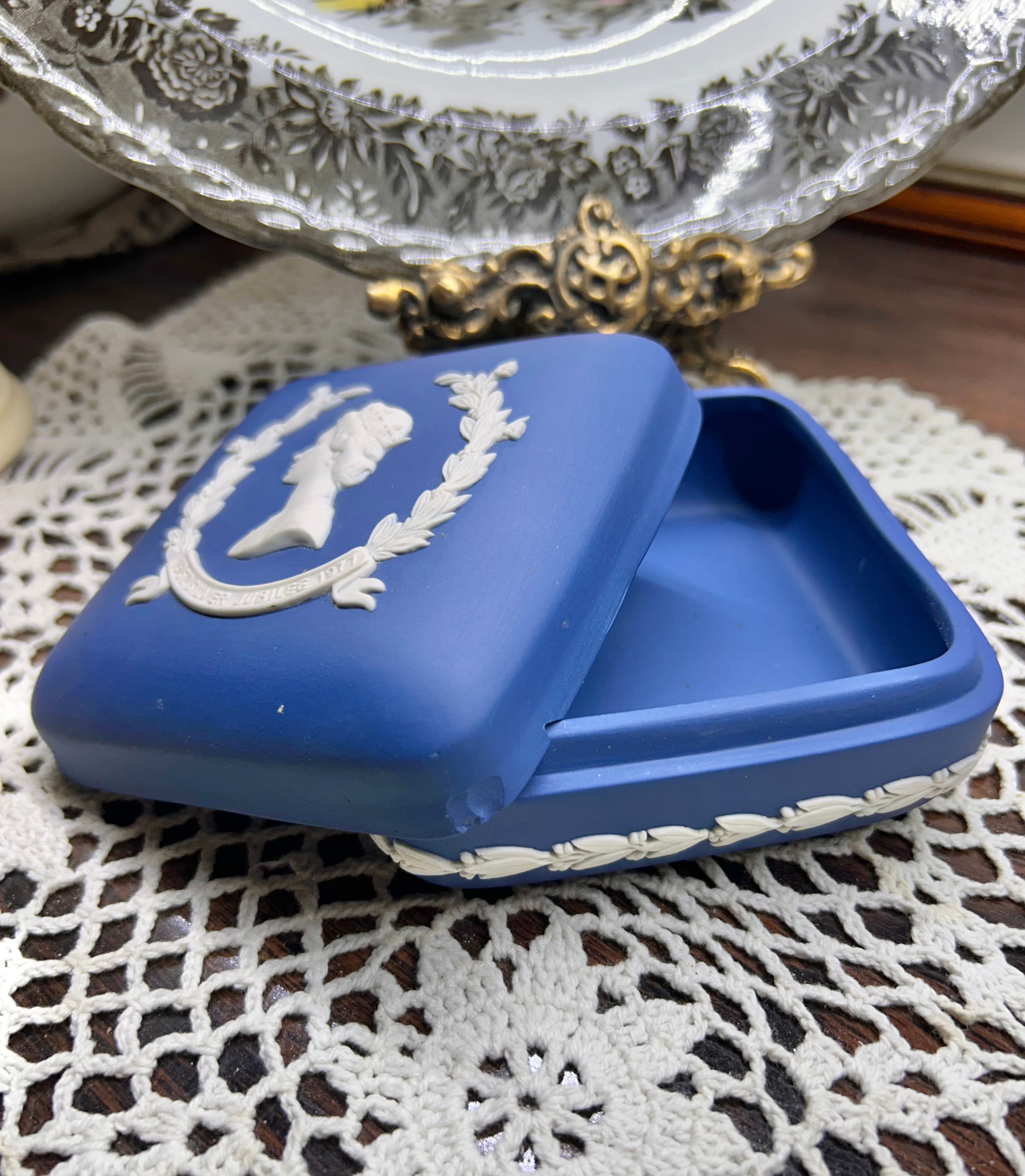 Wedgwood Royal Blue Jasperware Square Candy Box —commemorating the 1977 Queen Elizabeth II Silver Jubilee