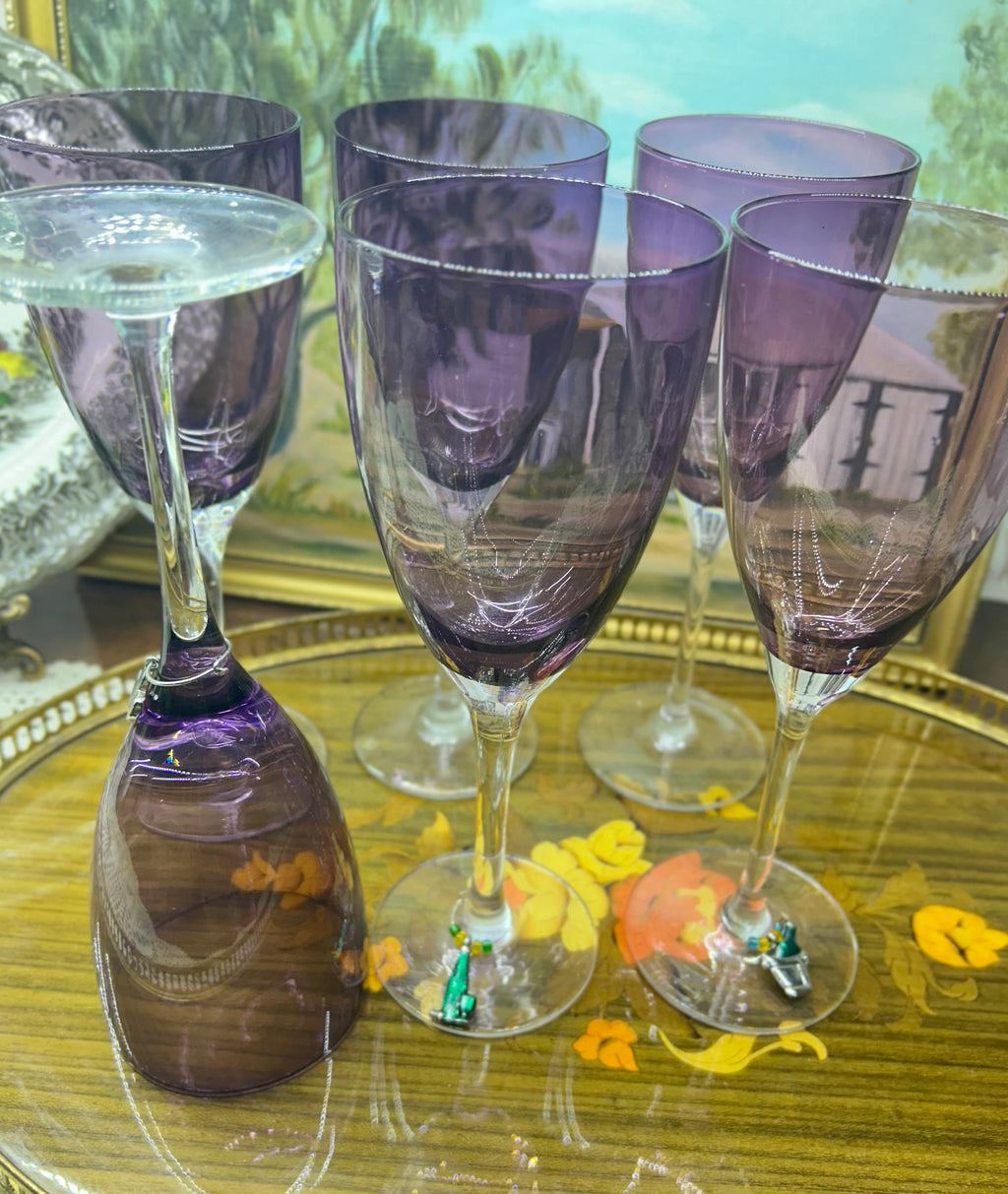 Vintage Amethyst optic art Glass Mid-century stemmed tall glasses — set of six