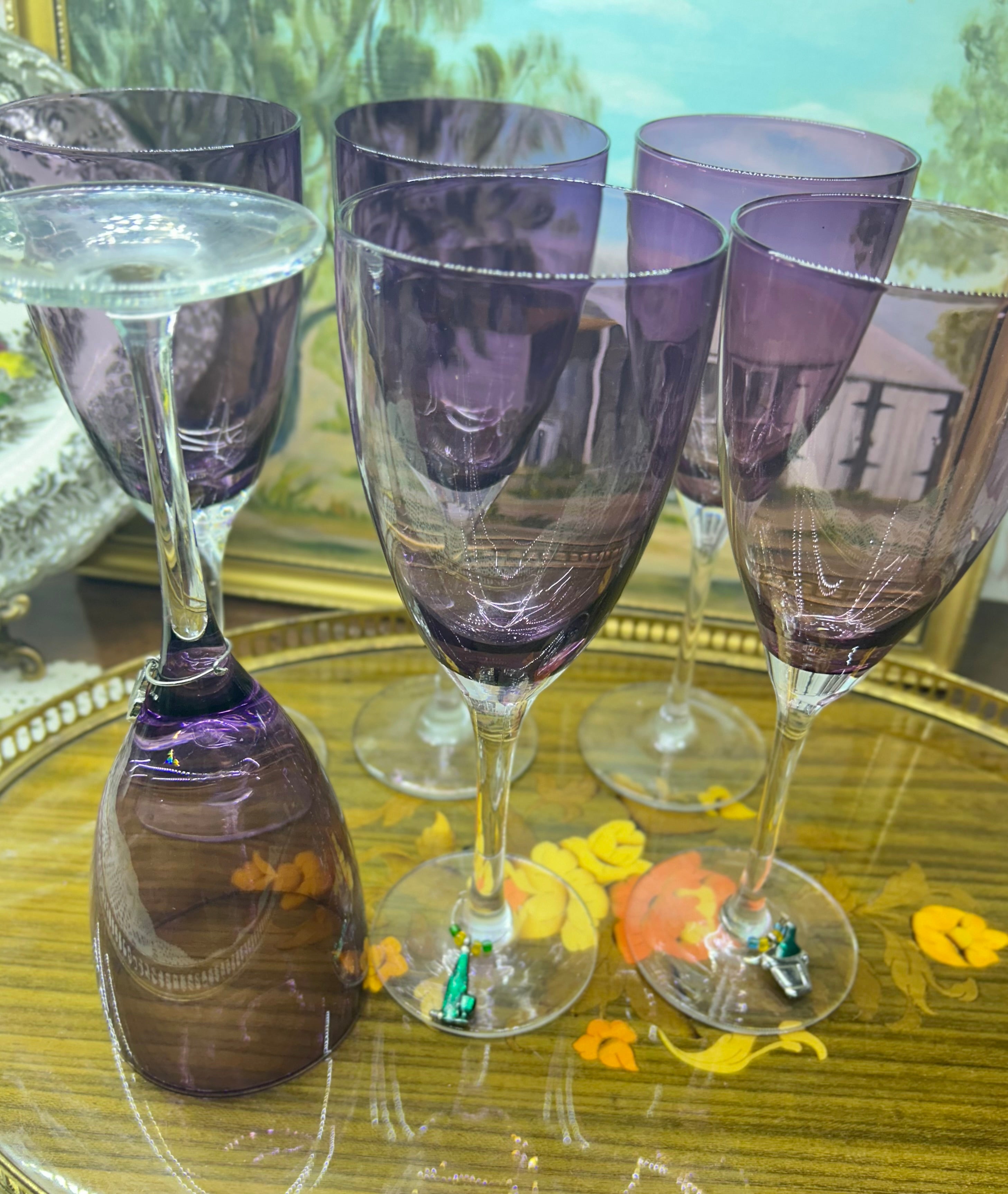 Vintage Amethyst optic art Glass Mid-century stemmed tall glasses — set of six