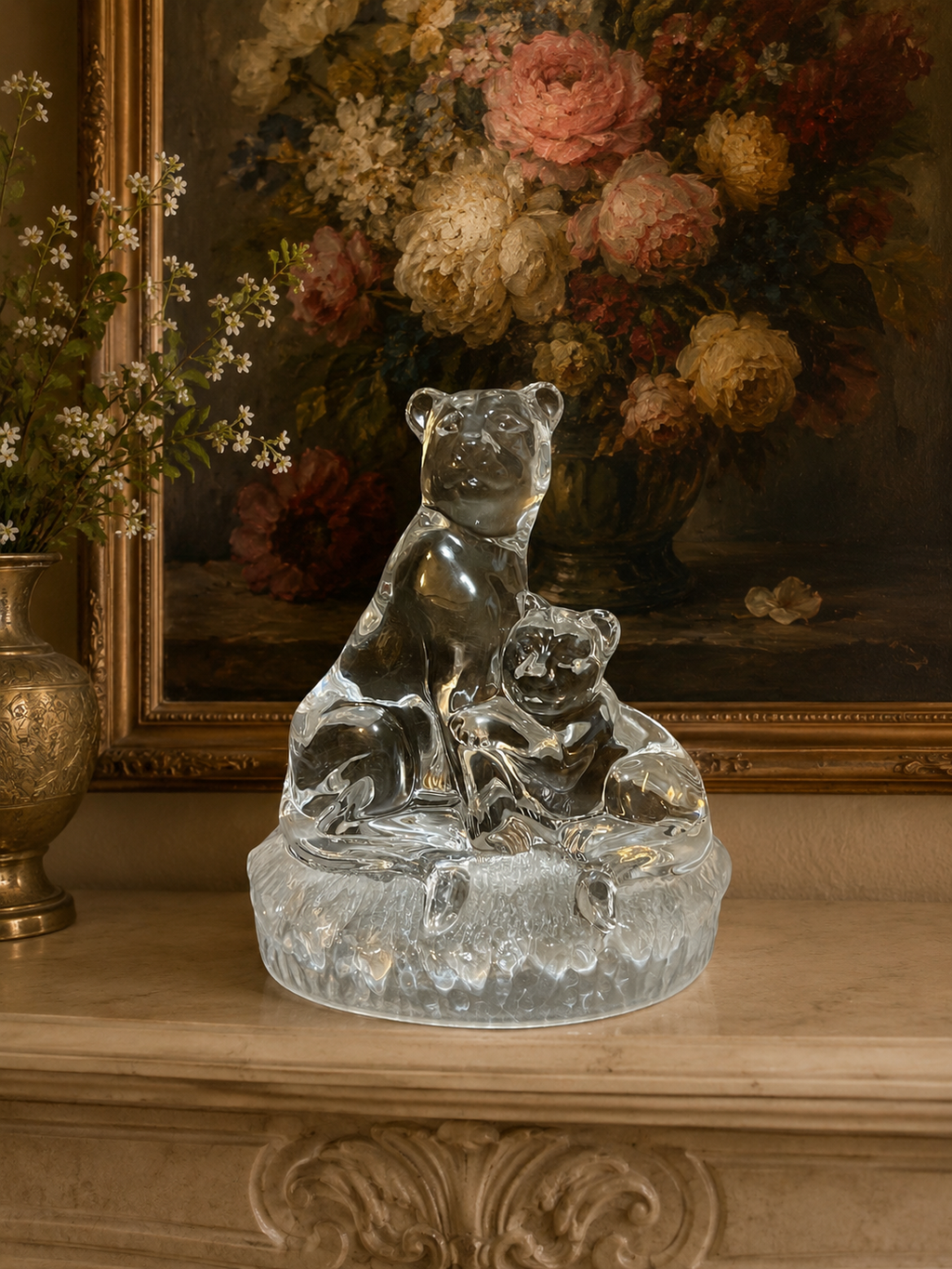 vintage RCR Royal Crystal Rock figurine featuring a clear crystal lioness and cub resting — 6”