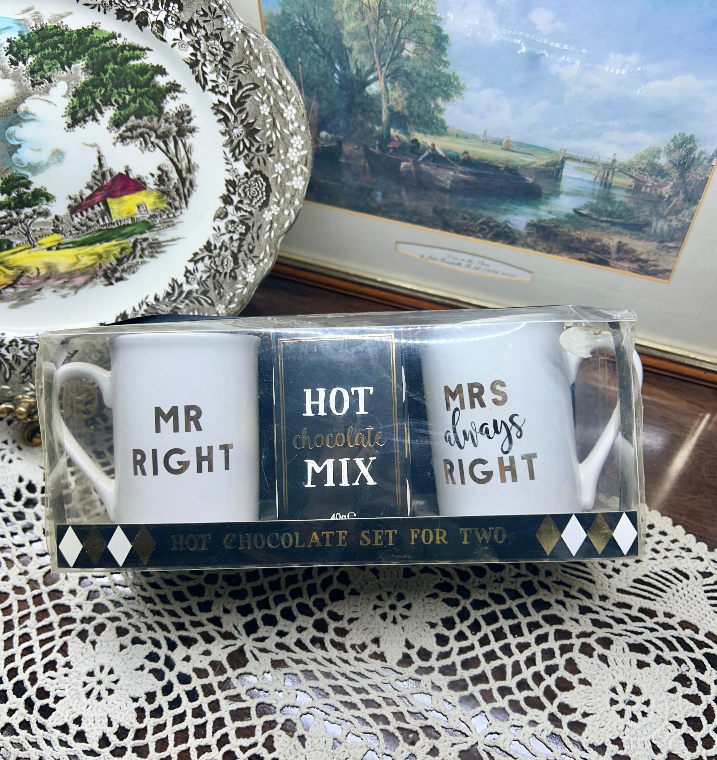 Mr. Right and Mrs. Always Right hot chocolate gift set — ceramic
