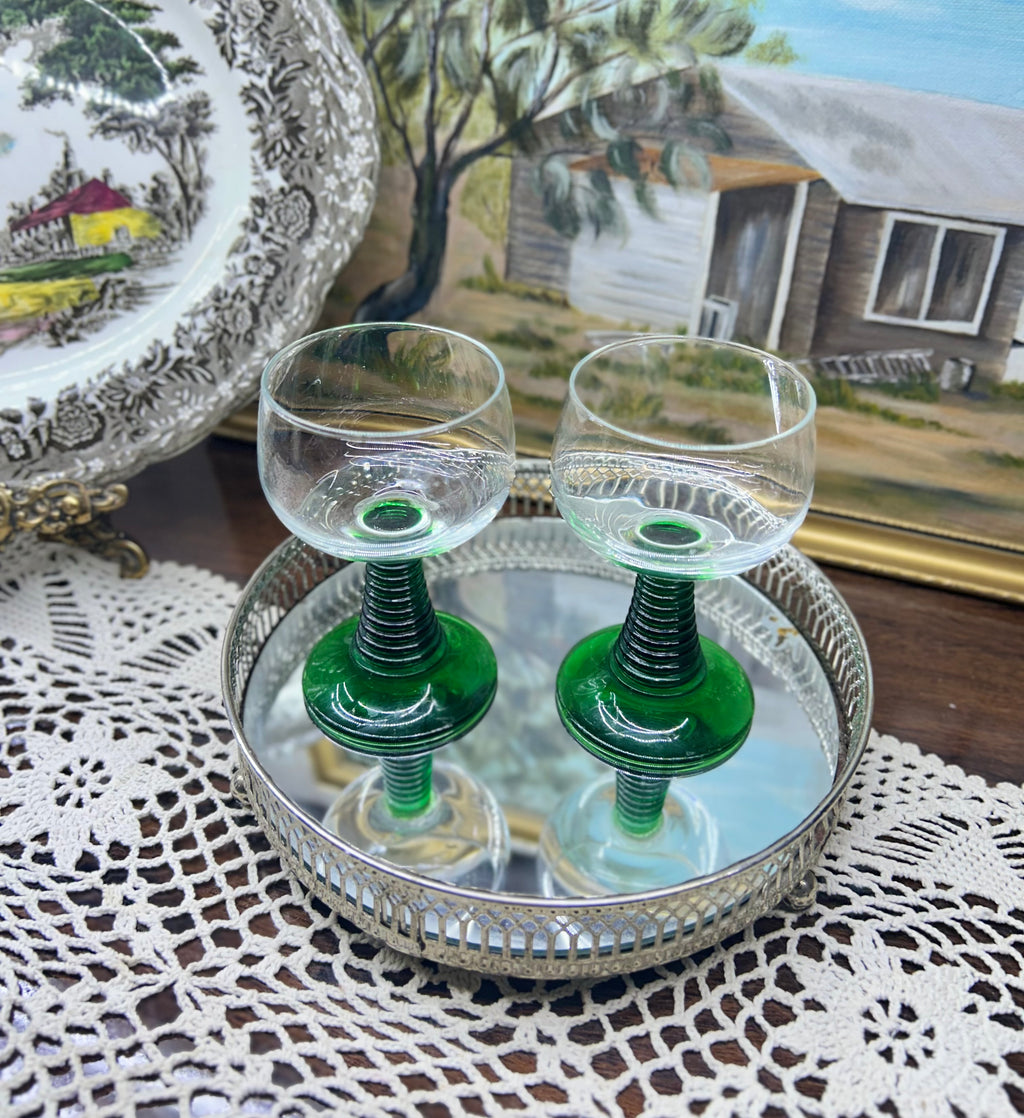 vintage Luminarc French "Römer" wine glasses with green ribbed beehive stems — Set of 2
