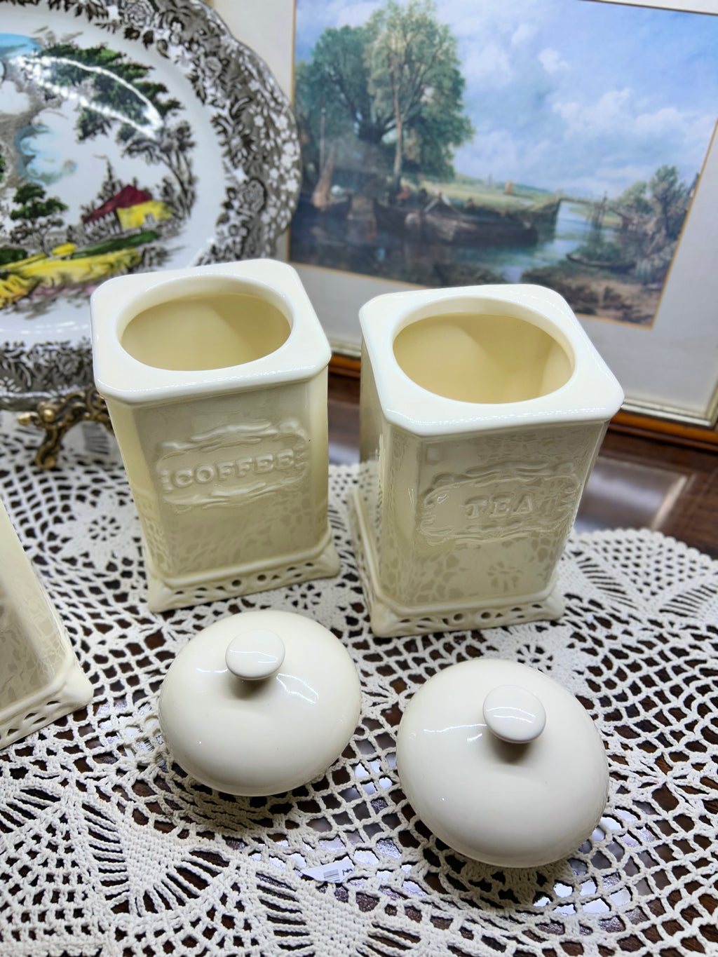Vintage French style white ceramic canisters with embossed labels and cut-out bases — SET OF 3