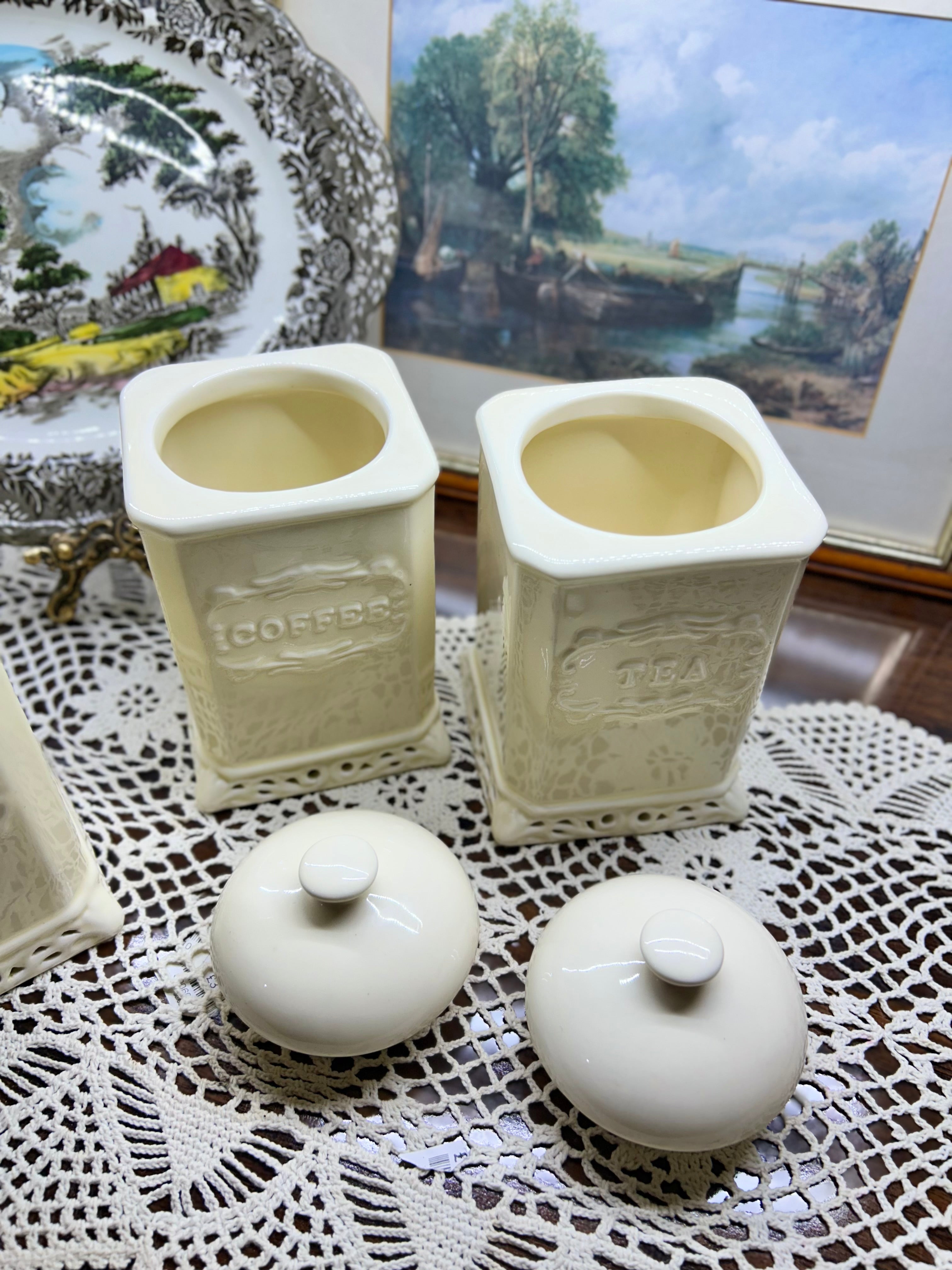 Vintage French style white ceramic canisters with embossed labels and cut-out bases — SET OF 3