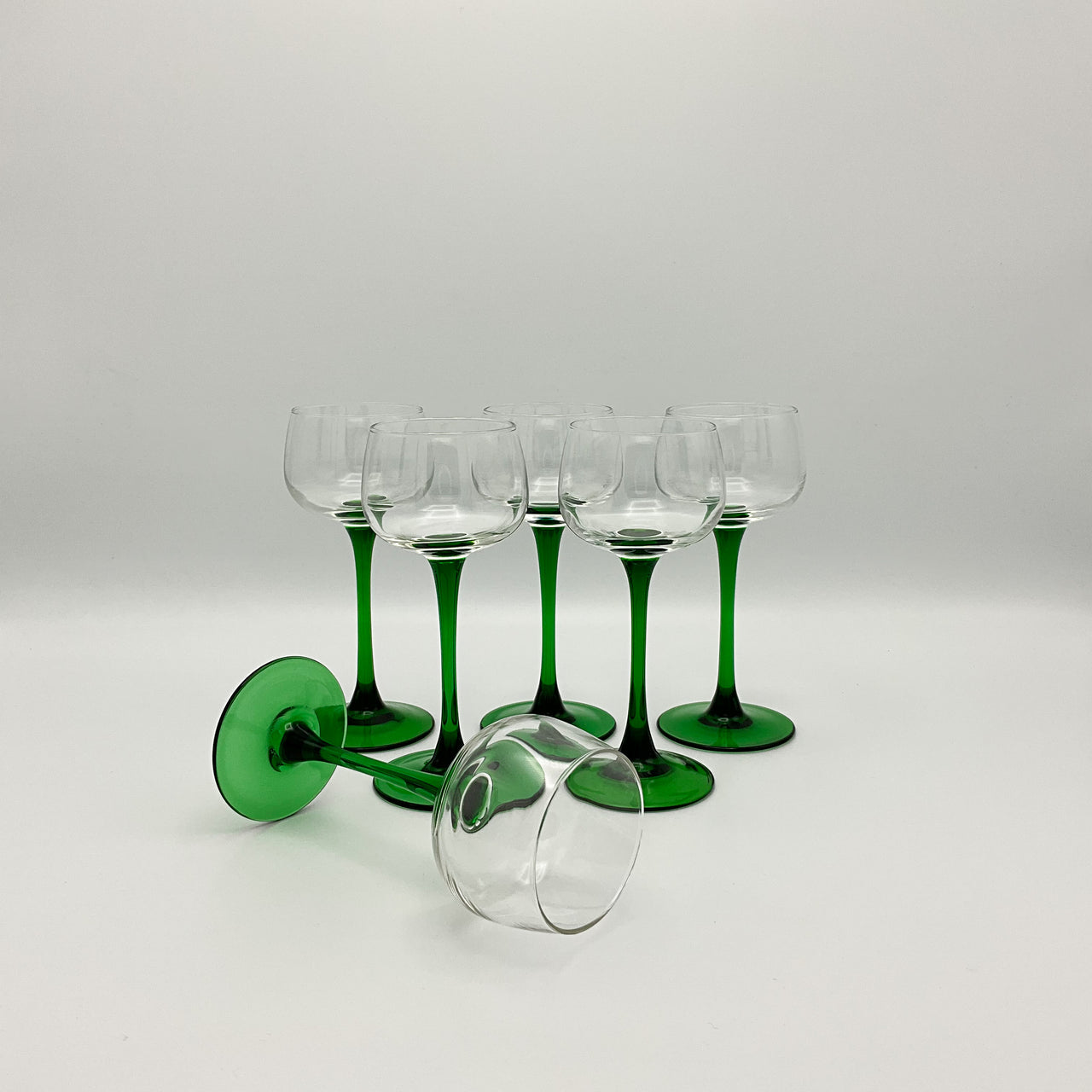 Luminarc wine glasses featuring distinctive green stems and bases — Set of 7