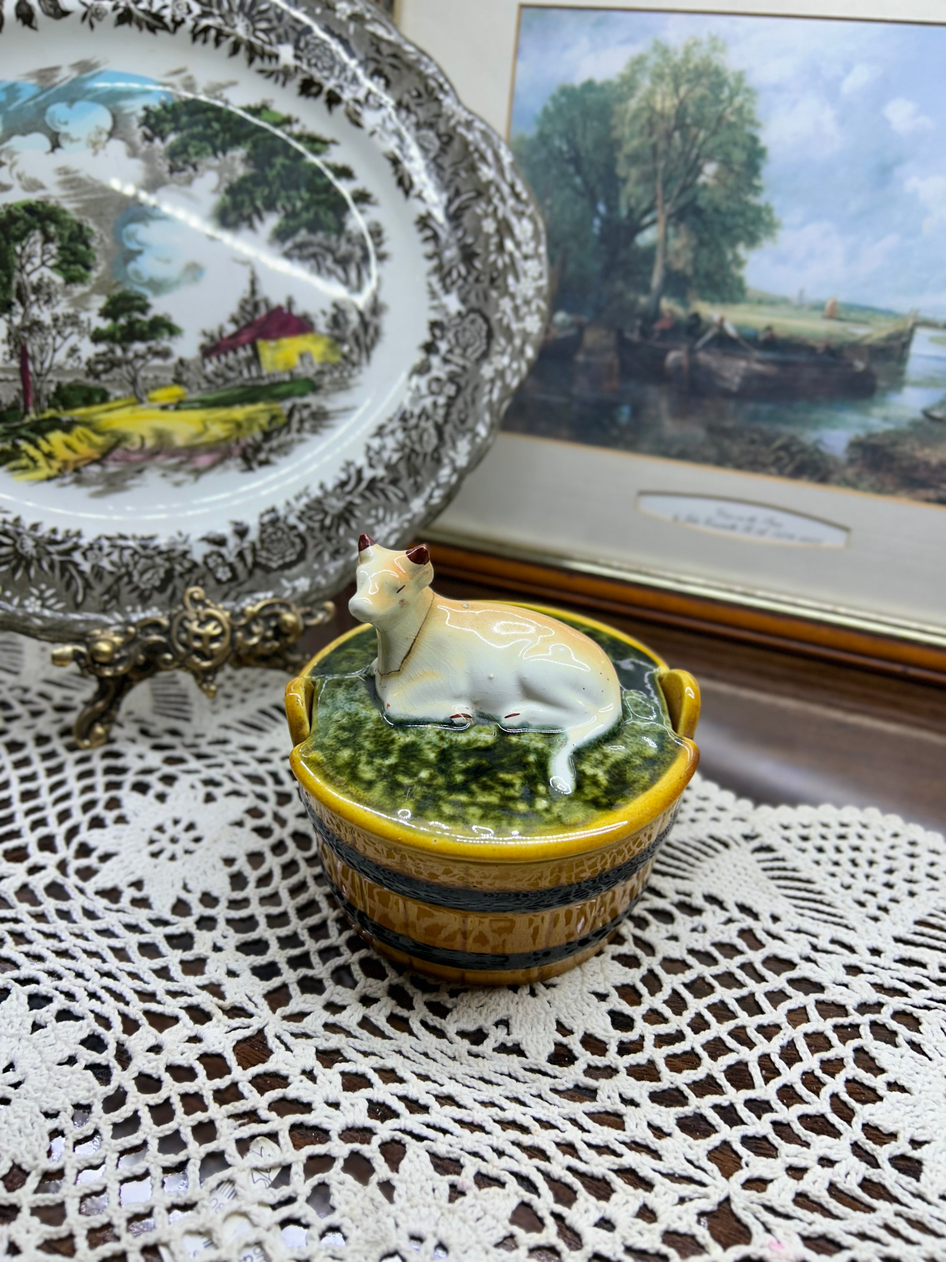 vintage ceramic cow butter dish — Portugal