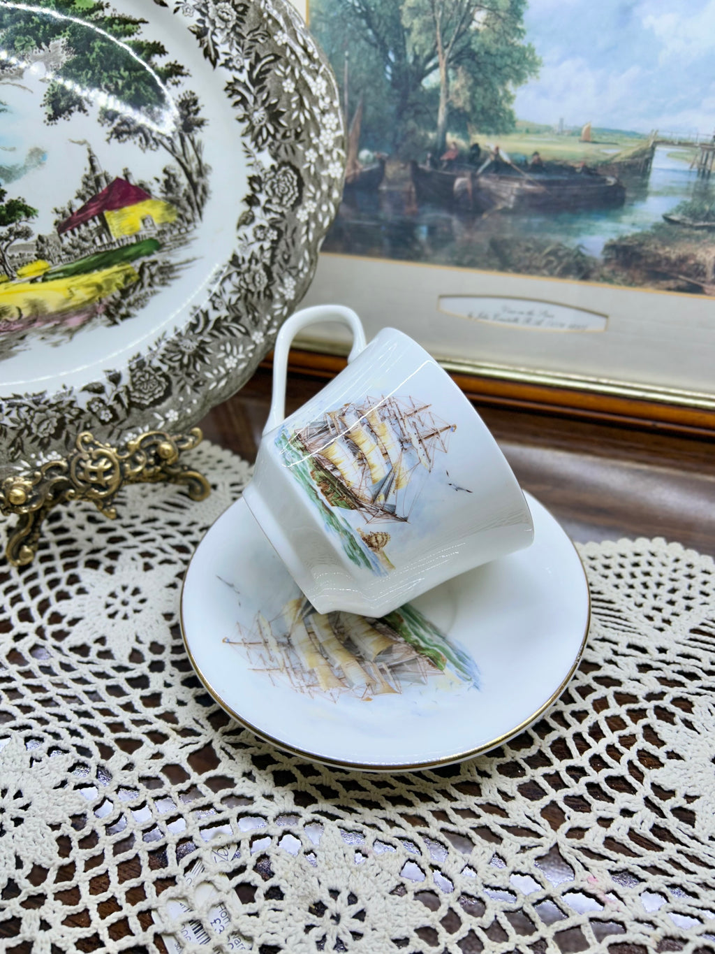 Vintage Elizabethan “sailing ship” large teacup and saucer set — England