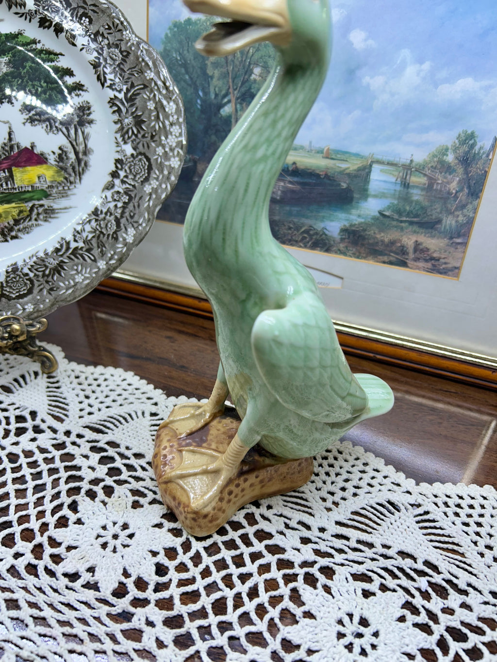 vintage Chinese celadon green glazed porcelain duck figurine