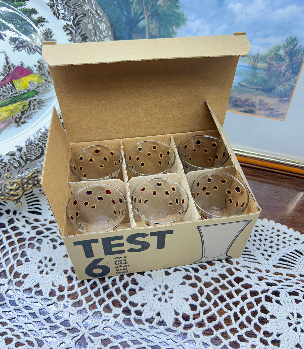 IKEA Art Déco 1950s shot glasses with colorful confetti dot design — boxed