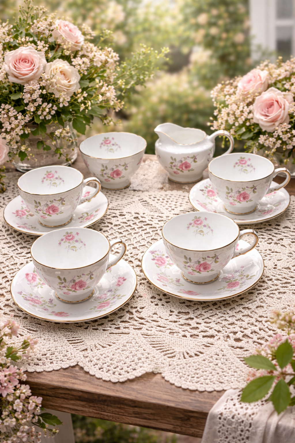 Vintage Sutherland pink roses coffee cups & saucers “English rose bud” pattern — England