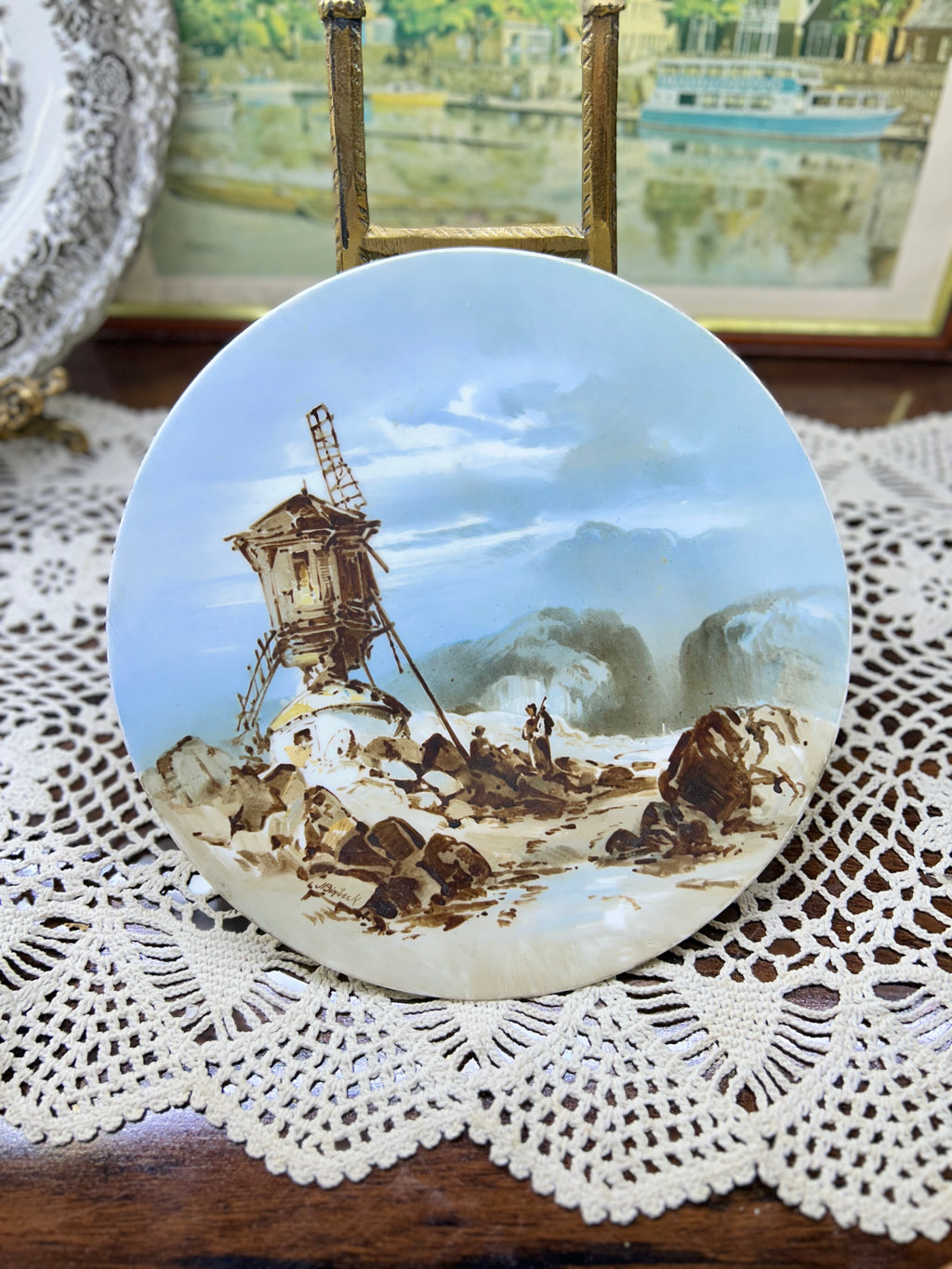 Vintage Dutch scenery hand-painted wall plate with a scene of a rustic windmill landscape 8”