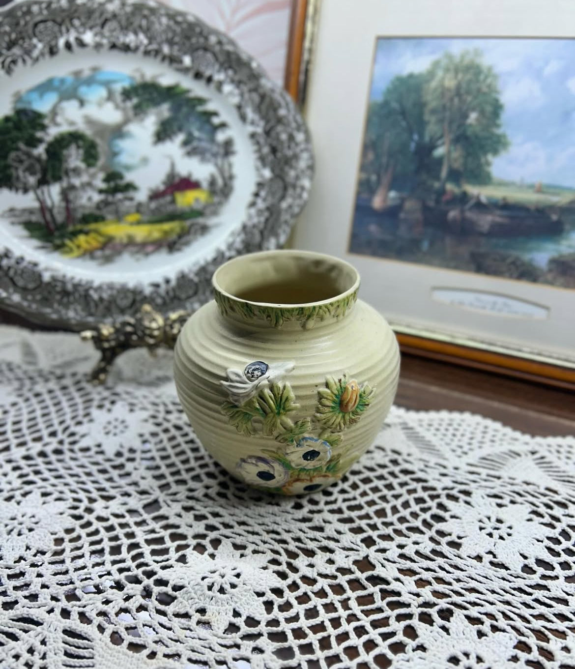 vintage Brentleigh Ware ceramic vase featuring hand-painted raised floral decorations