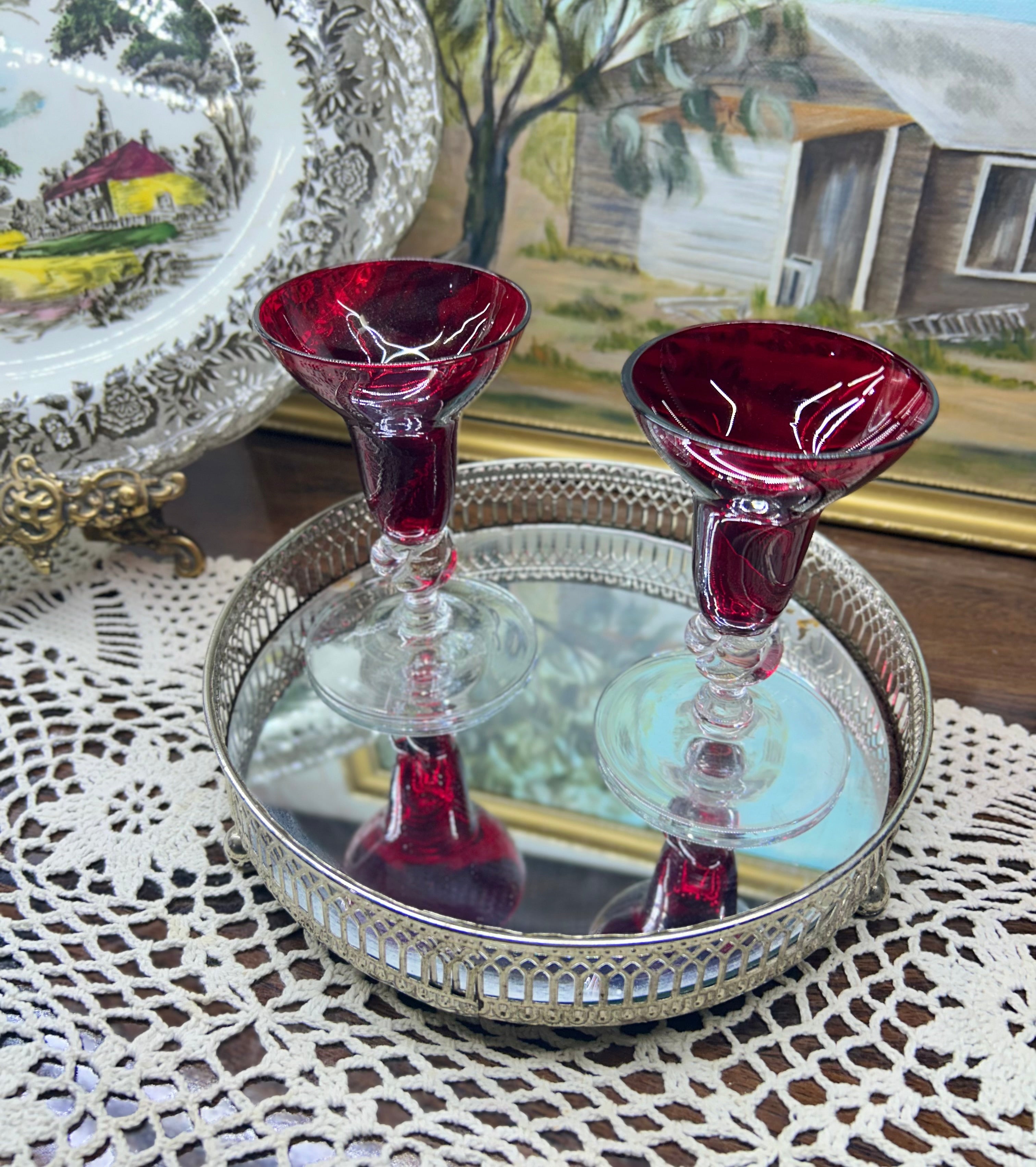 Rare RUBY RED art deco glass candle holders — pair