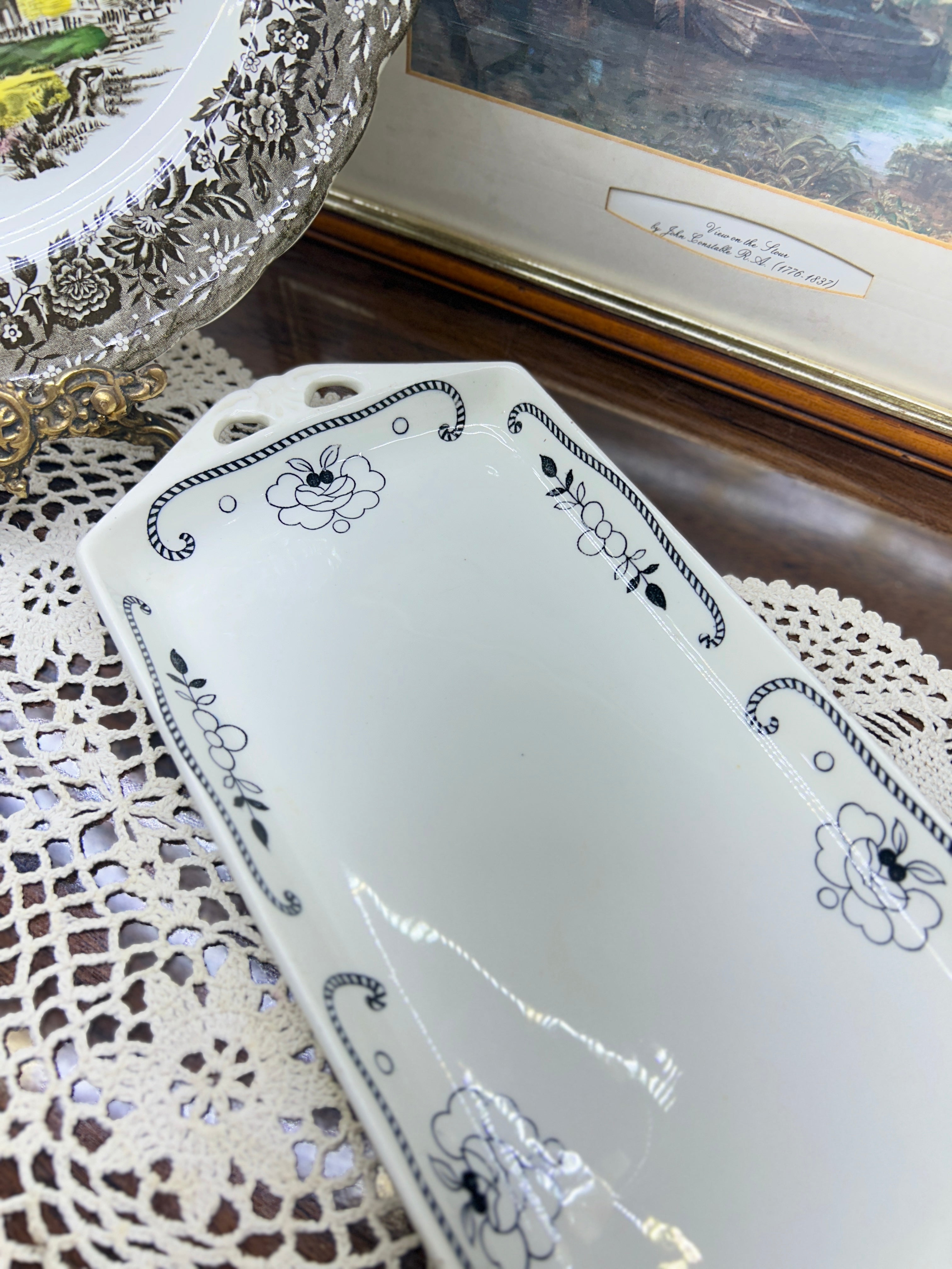 WOOD & SONS’s rectangular dish featuring a rope pattern with ornate handles 14”