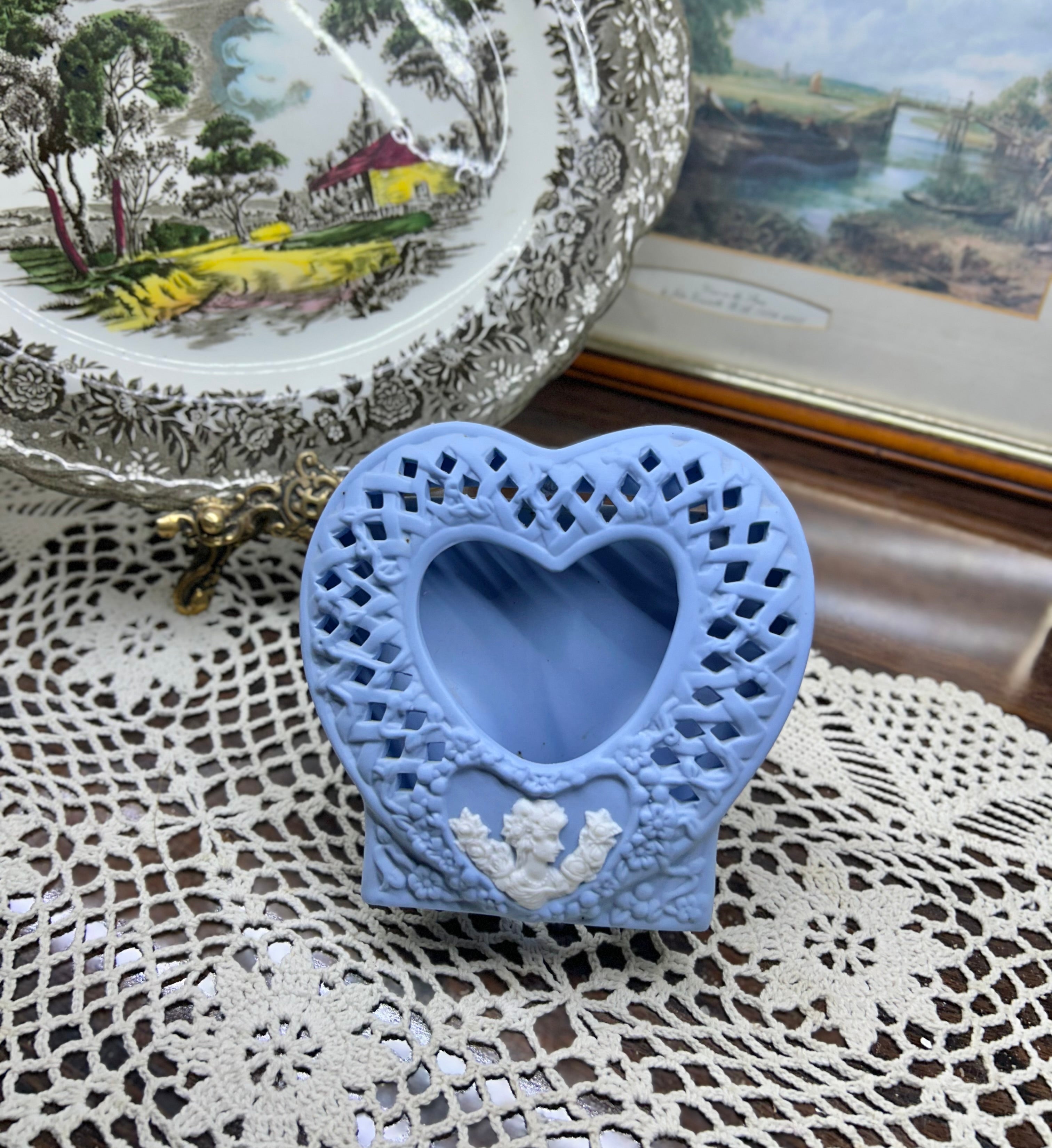 Wedgwood style cameo blue and white lady with roses heart shaped photo frame