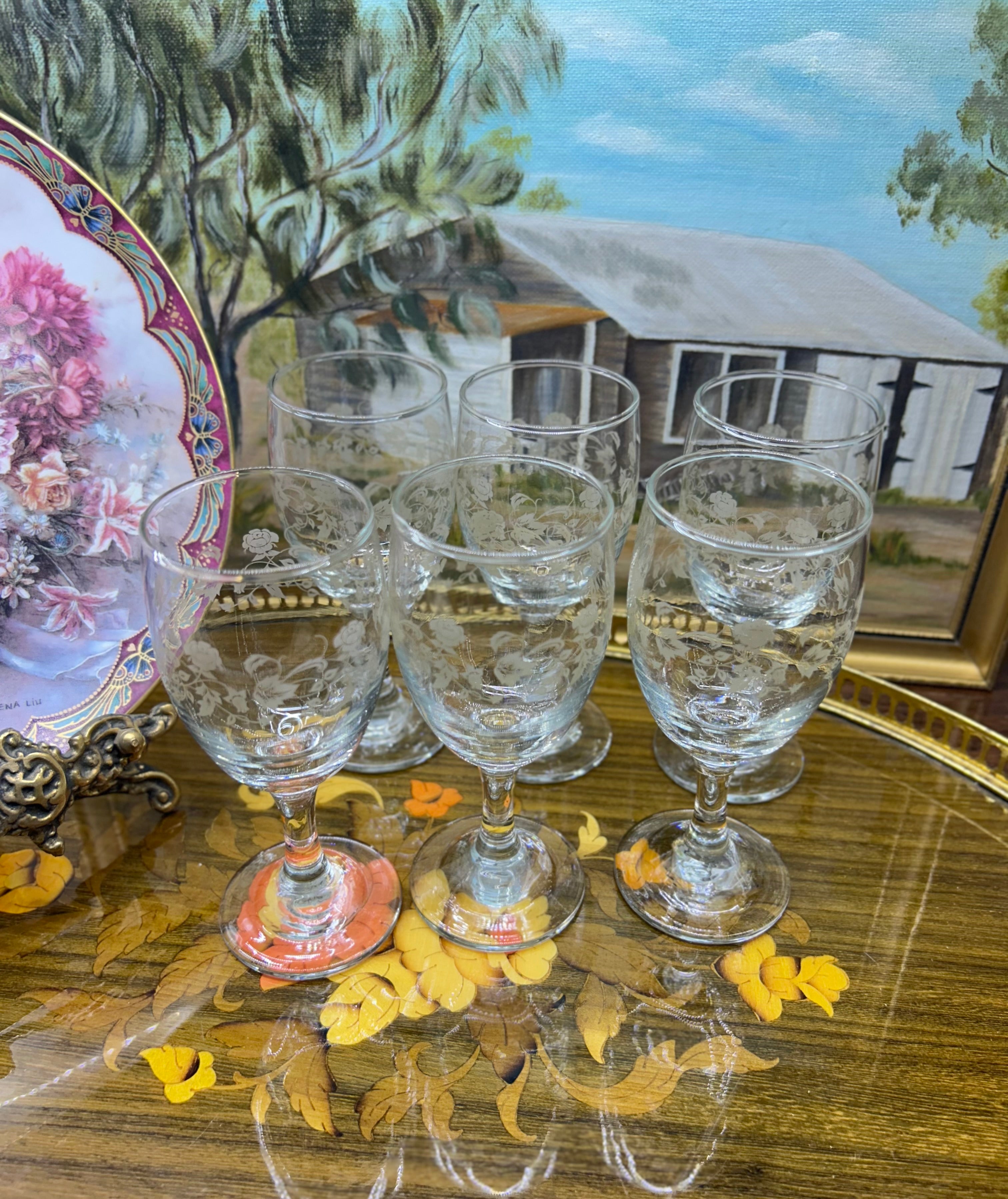 Libbey "Rose Bouquet" sherry glasses feature a delicate etched floral pattern — Set of 6
