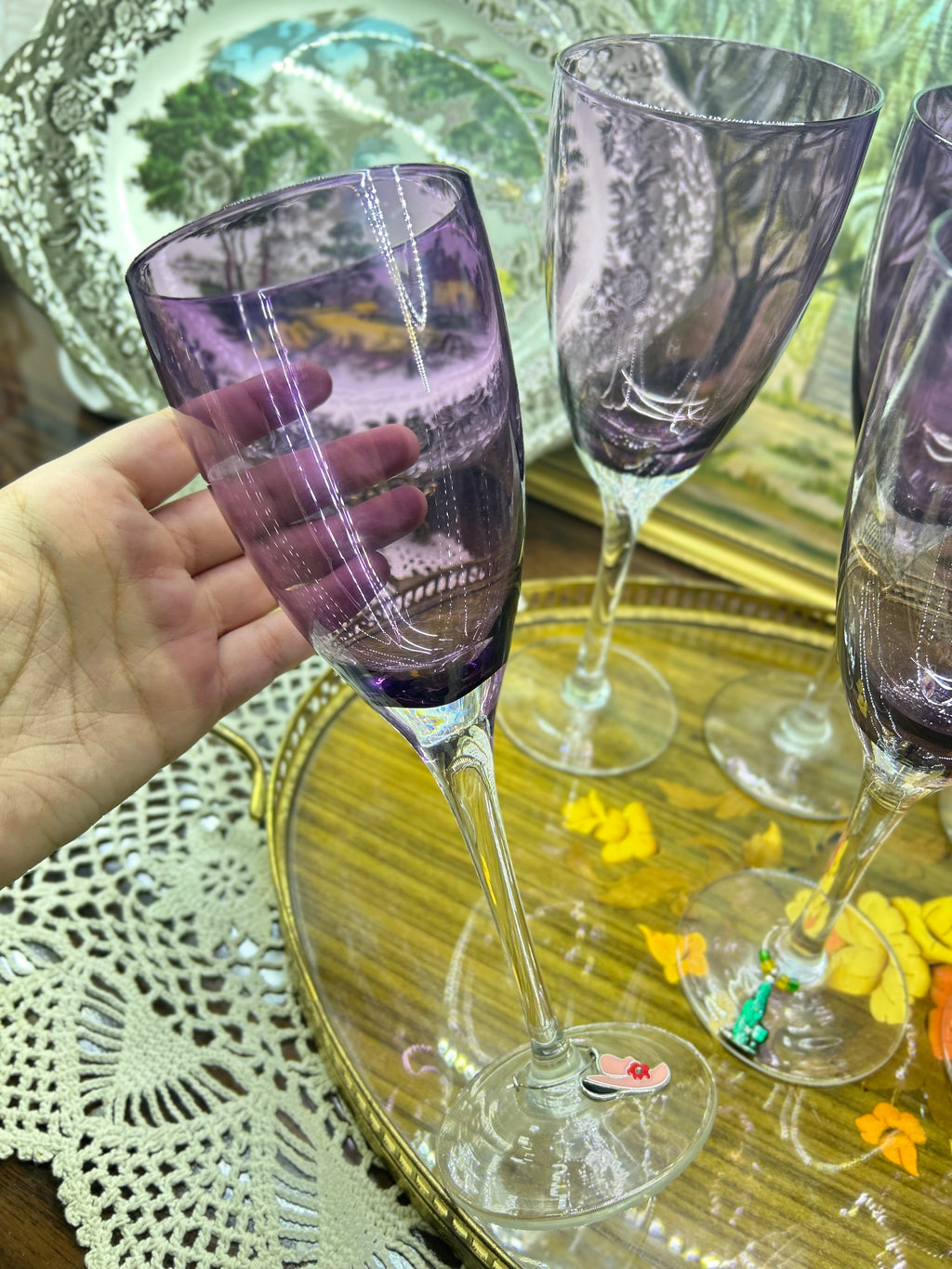 Vintage Amethyst optic art Glass Mid-century stemmed tall glasses — set of six
