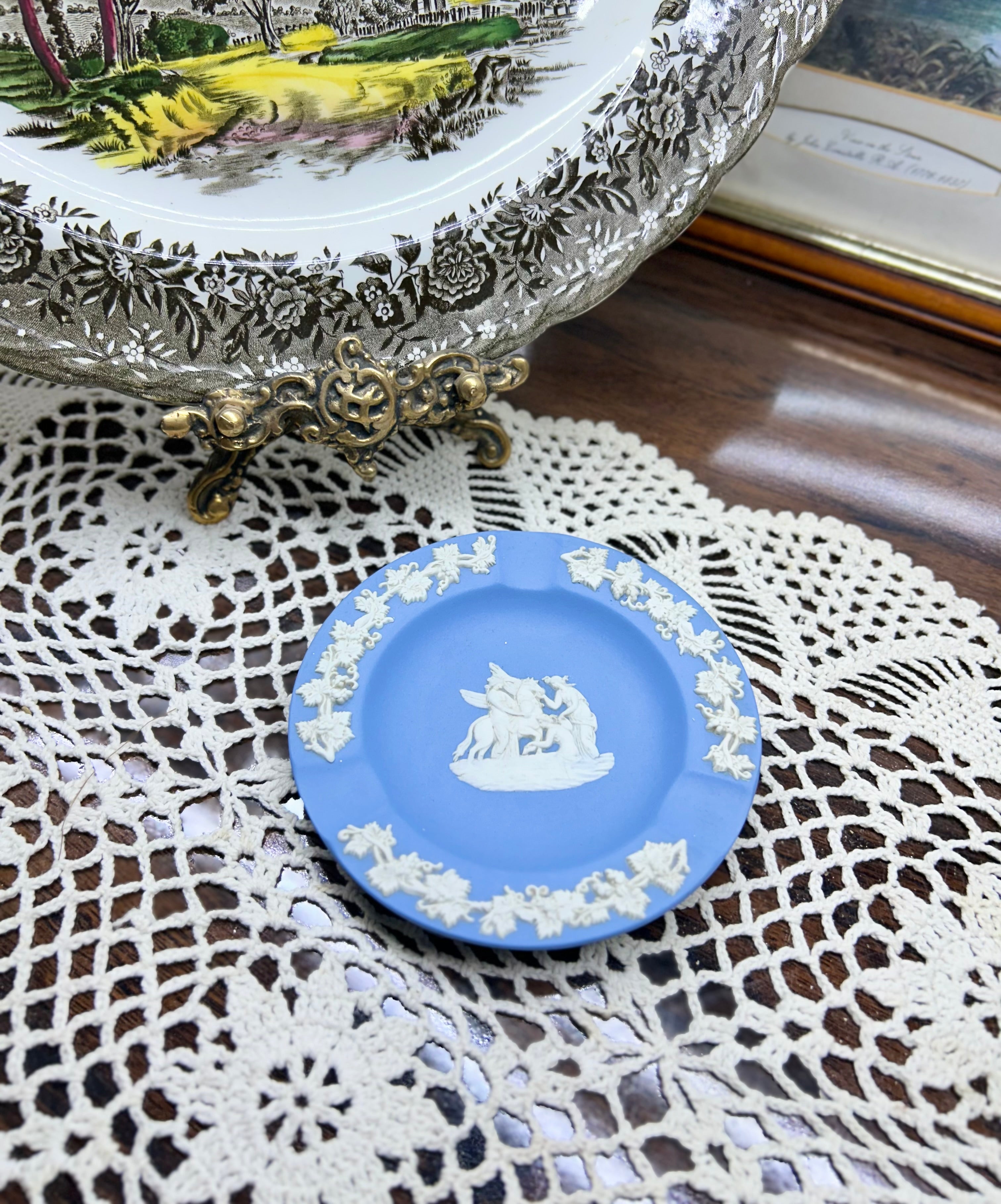 Vintage Wedgwood blue Jasperware ashtray — featuring white relief designs.