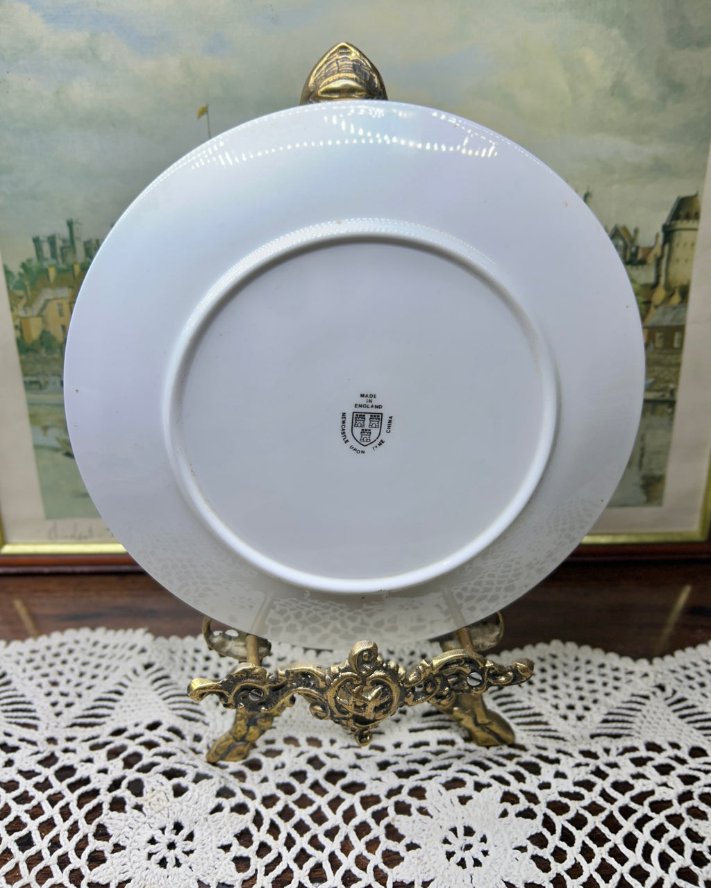 Vintage Gustavsberg wall plate — crafted in Sweden from flint porcelain features a detailed motif of historic trains 8”