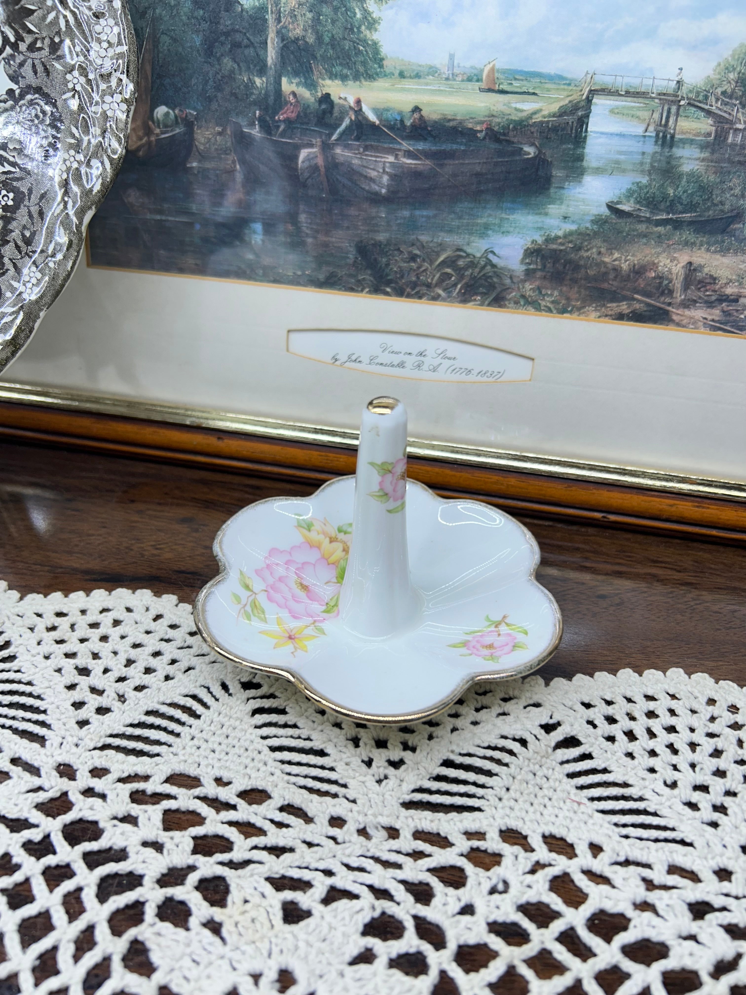 vintage Ashleydale England ring dish featuring a delicate floral design