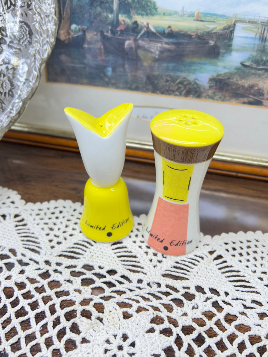 Limited edition Luzerne porcelain salt and pepper shakers — feature a vibrant "King & Queen" design (boxed)