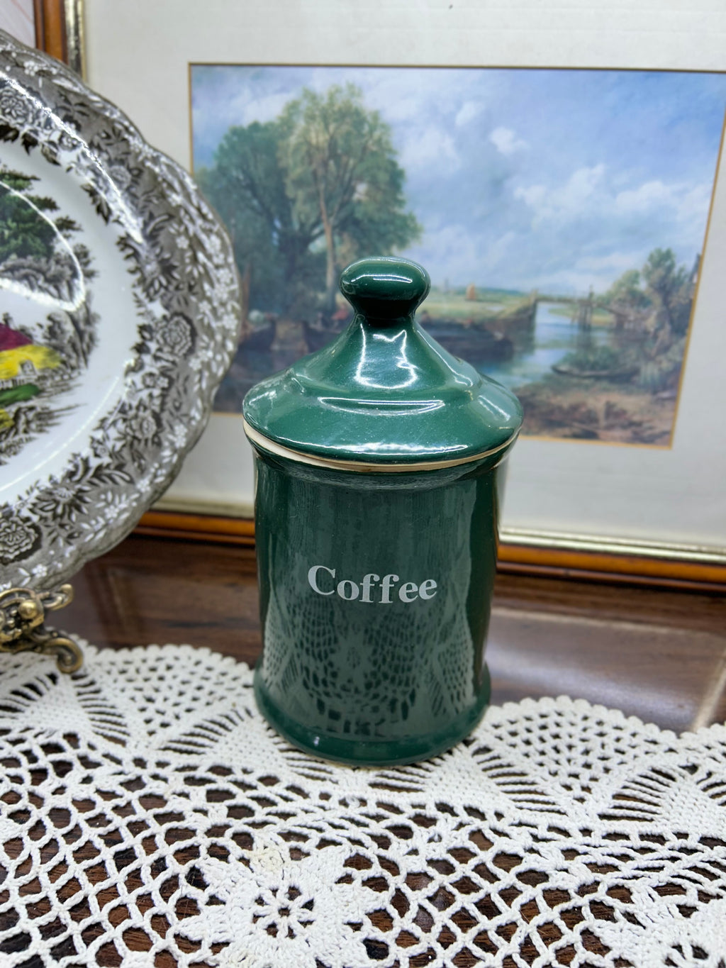 vintage green and gold ceramic coffee canister from a set manufactured by Hornsea Pottery