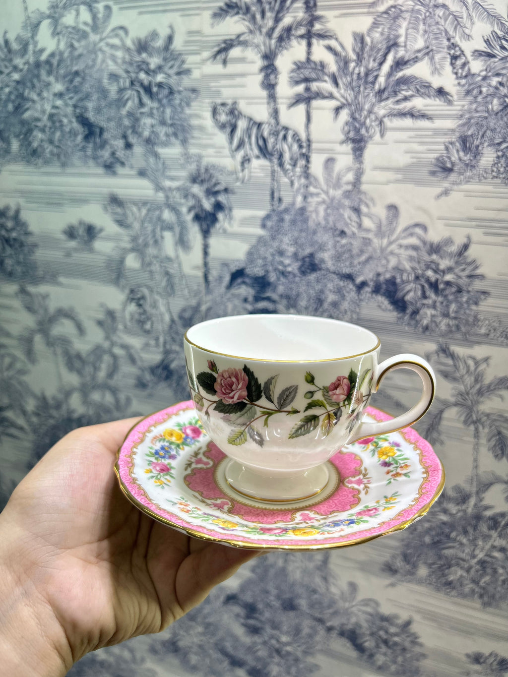 vintage Wedgwood Hathaway Rose footed teacup and saucer set —England