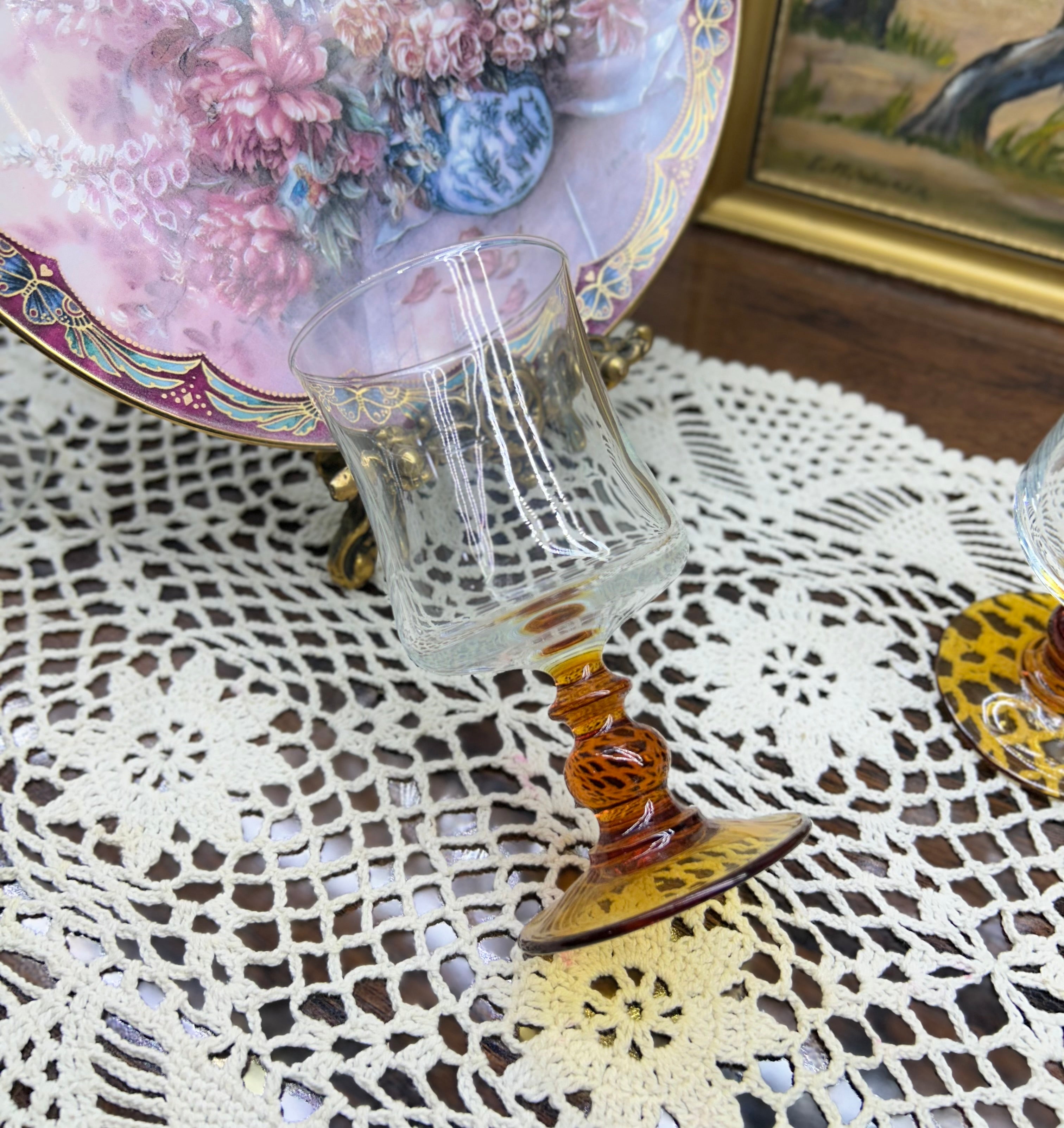 Luminarc "Antique" wine glasses featuring amber-colored baluster stems — Set of 4