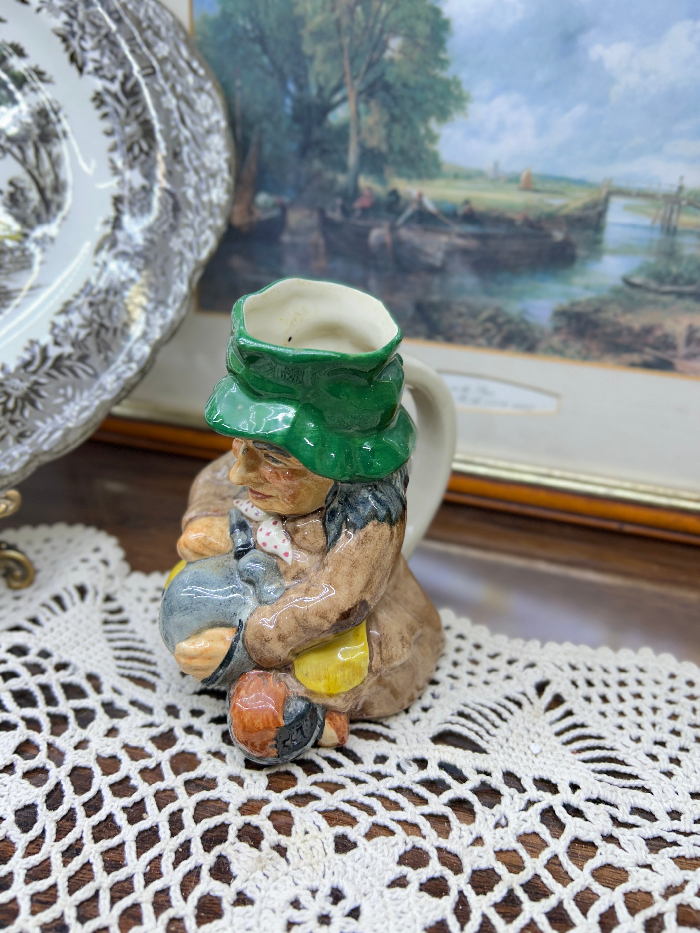 Vintage Roy Kirkham Staffordshire Toby jug featuring the "Tinker" character 6”