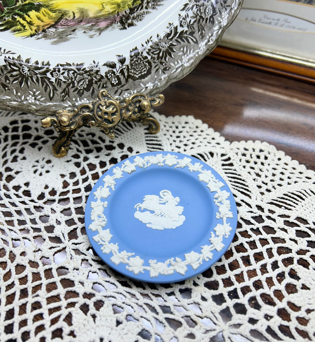 Wedgwood Blue Jasperware miniature plate — featuring a white classical chariot scene.