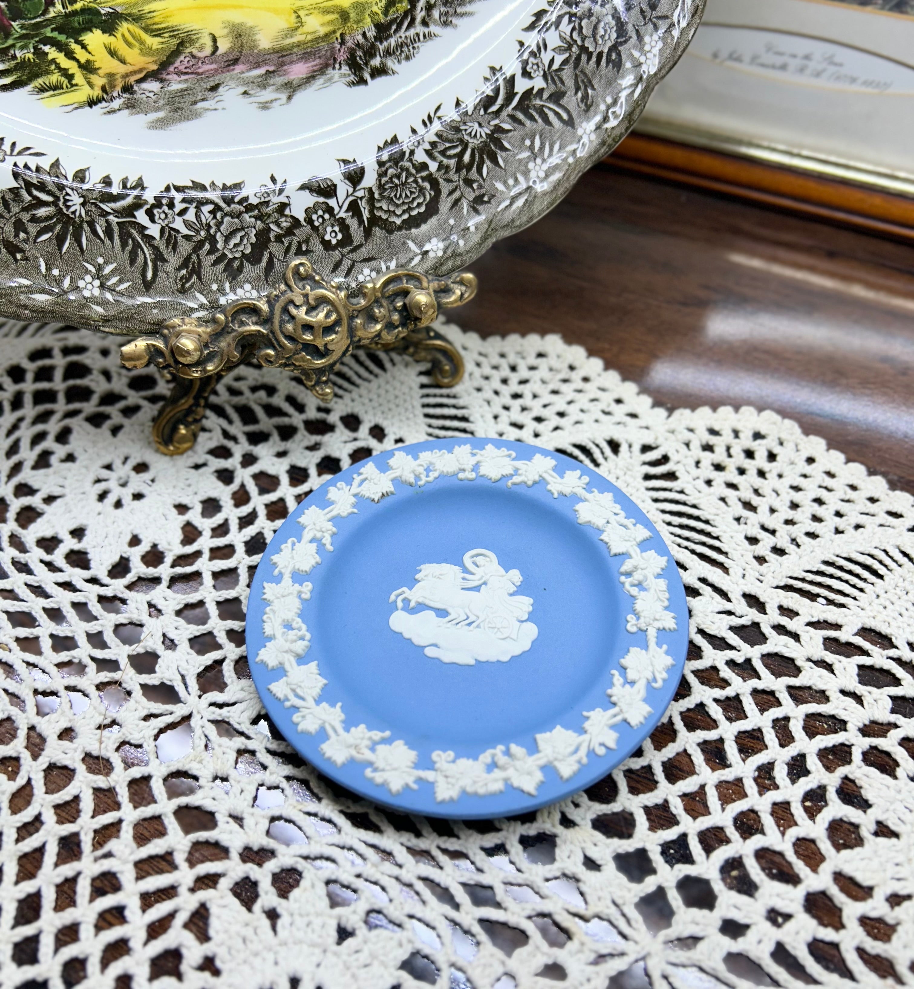 Wedgwood Blue Jasperware miniature plate — featuring a white classical chariot scene.