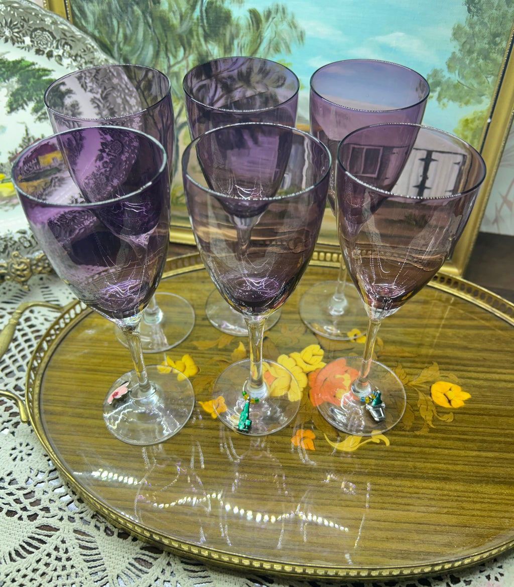 Vintage Amethyst optic art Glass Mid-century stemmed tall glasses — set of six