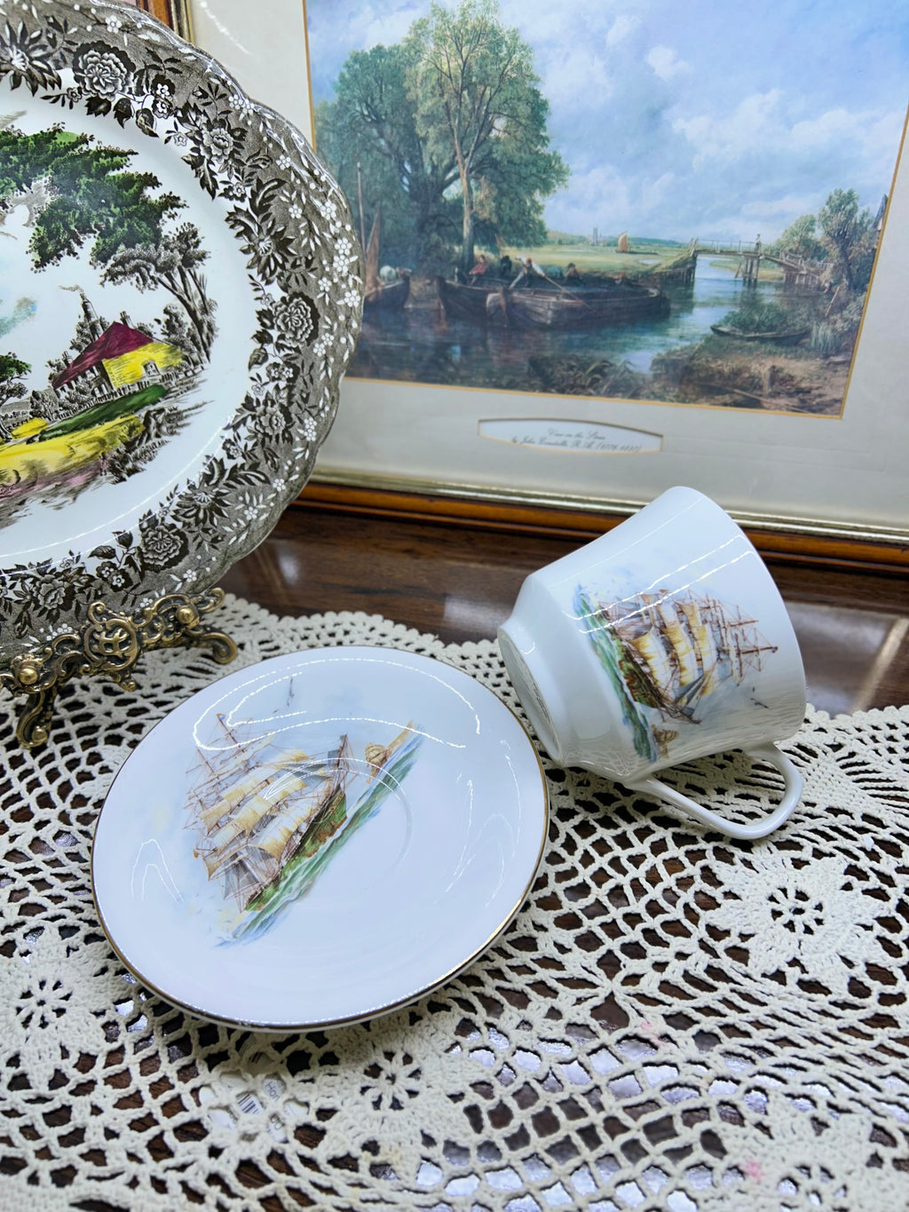Vintage Elizabethan “sailing ship” large teacup and saucer set — England