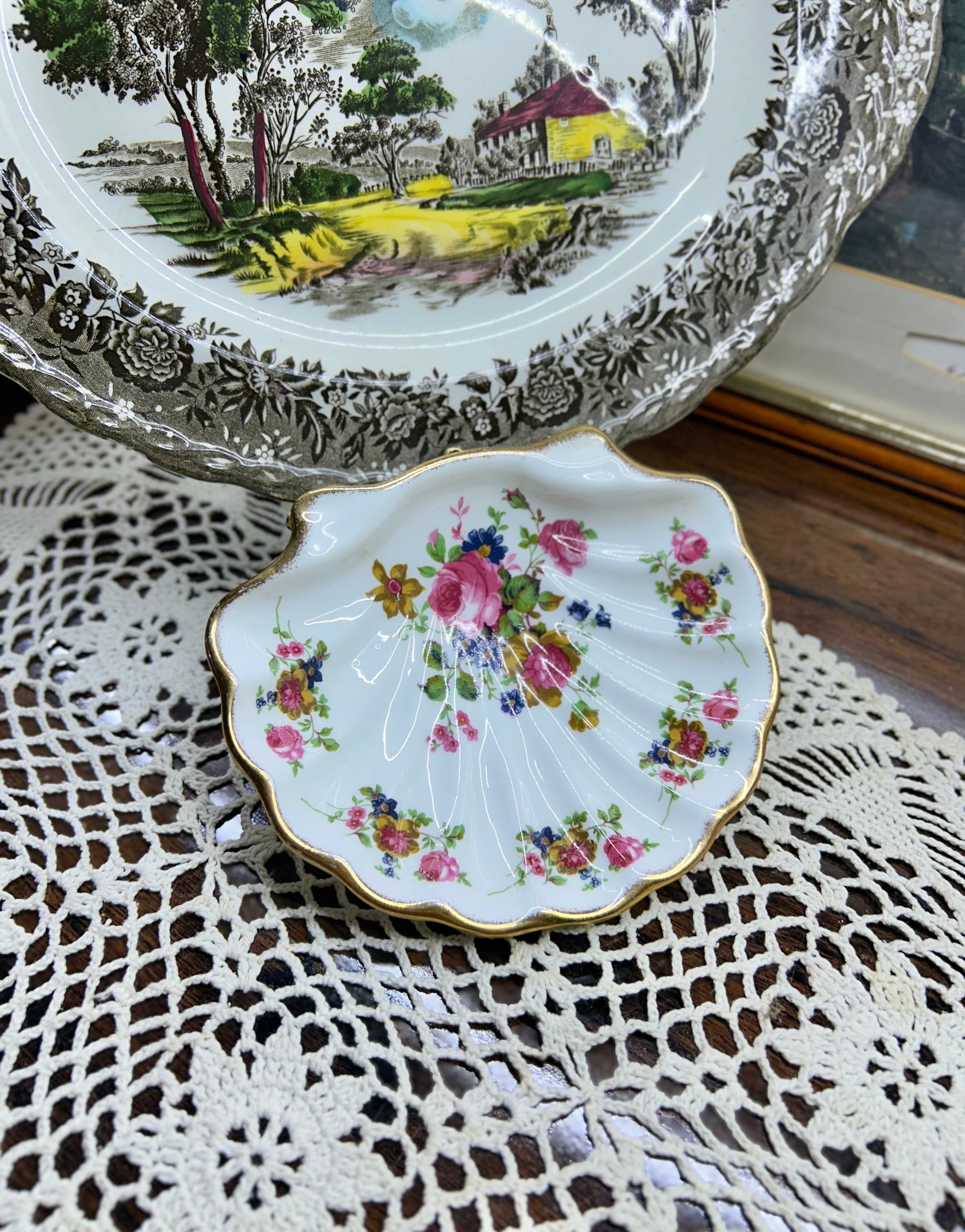 vintage fenton floral rose pattern scalloped trinket dish — fine bone china  5”