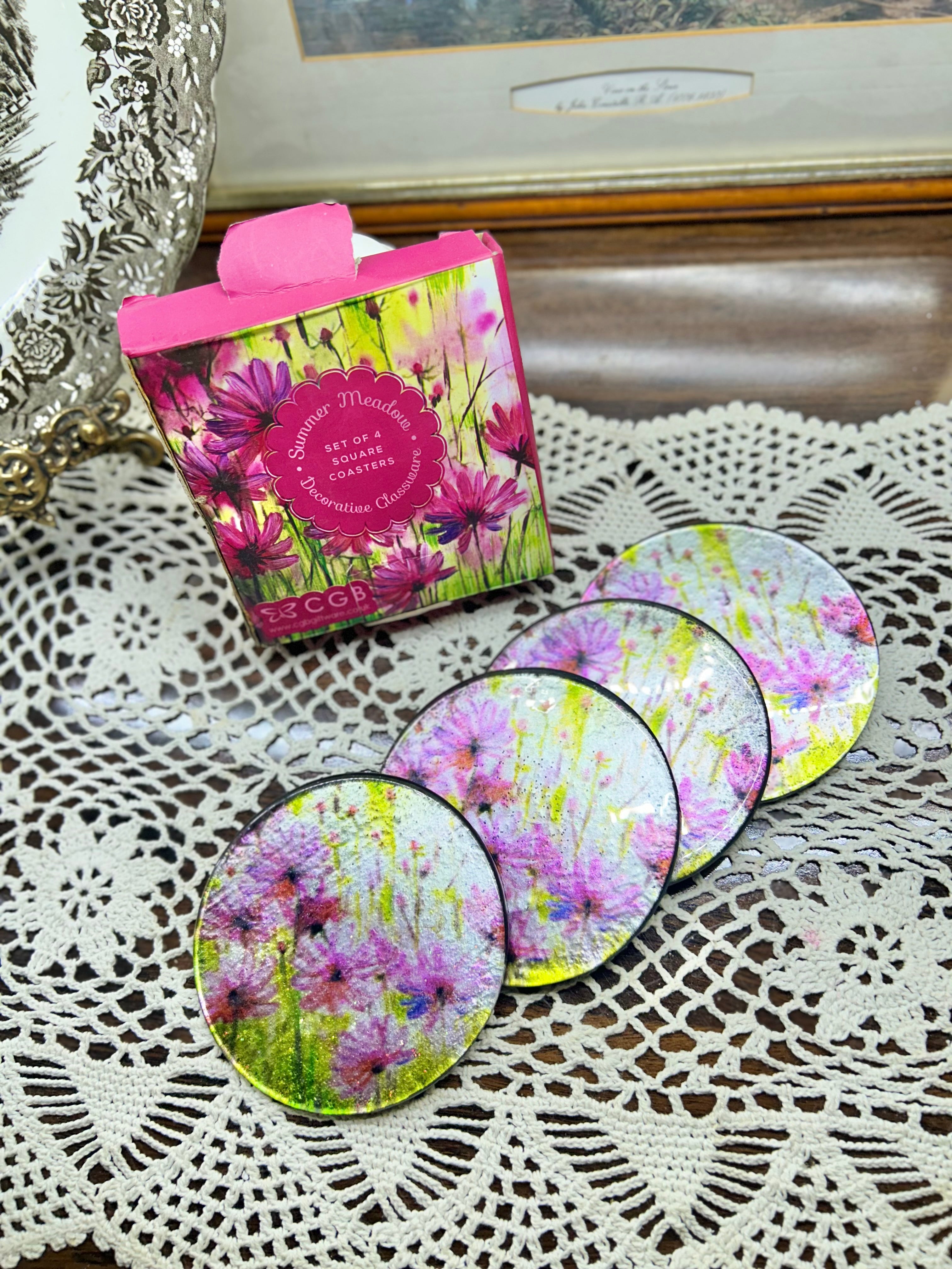 Set of 4 “Summer Meadow" decorative glass coasters by CGB.