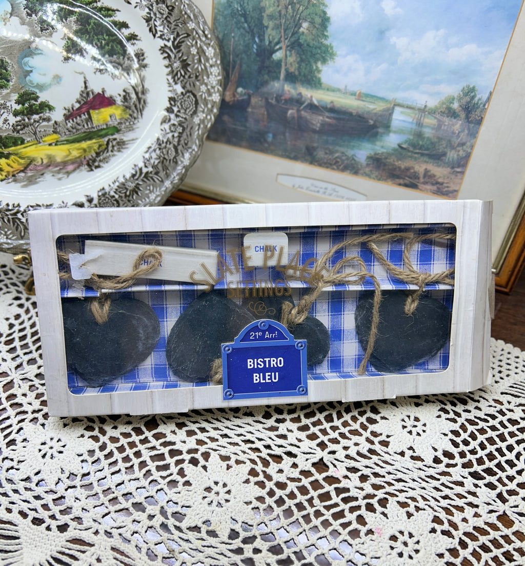 Bistro Bleu branded set of heart-shaped slate place settings with twine & chalk