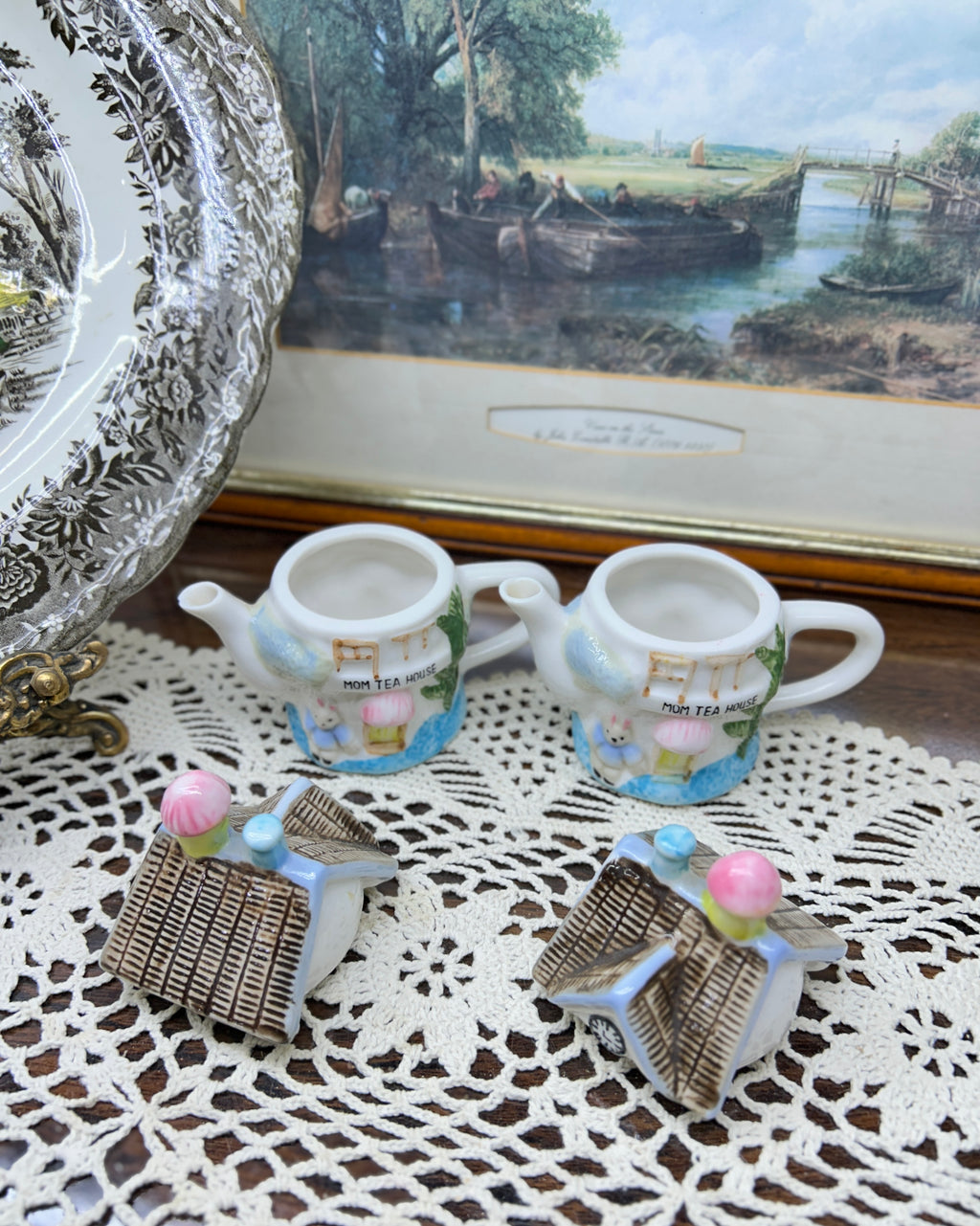 Vintage miniature milk jug teapot English cottages — hand painted porcelain PAIR