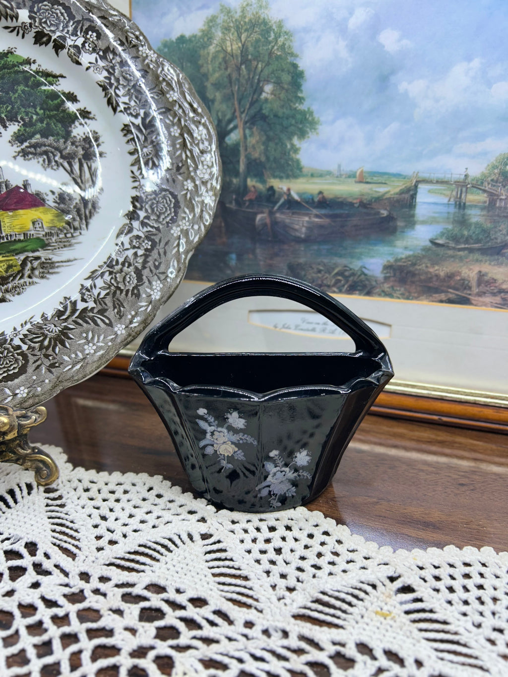 vintage black glass basket vase — Art deco