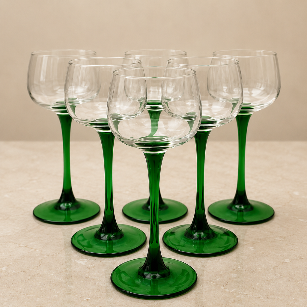 Luminarc wine glasses featuring distinctive green stems and bases — Set of 7