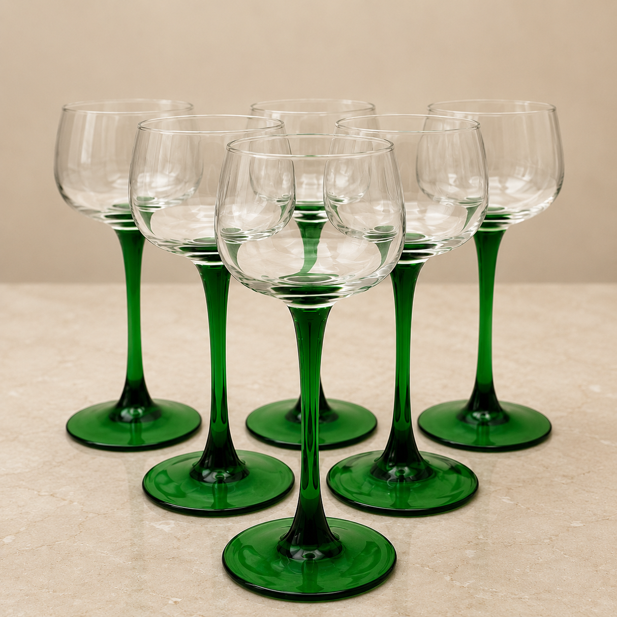 Luminarc wine glasses featuring distinctive green stems and bases — Set of 7