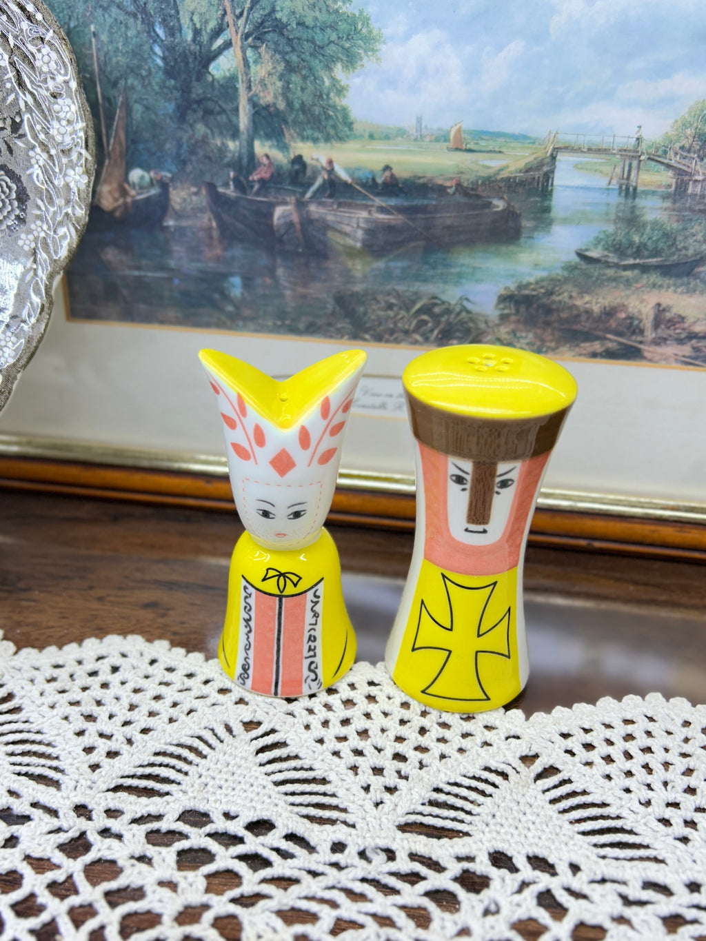 Limited edition Luzerne porcelain salt and pepper shakers — feature a vibrant "King & Queen" design (boxed)