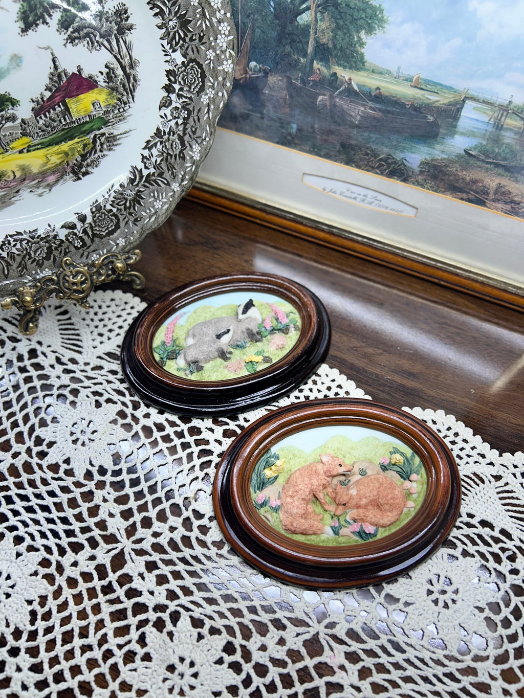 vintage PAIR OF collectible wall plaques ceramic, featuring felted or sculpted designs of British wildlife
