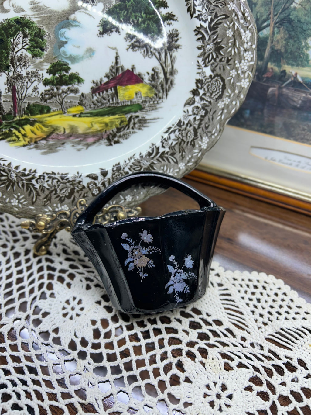 vintage black glass basket vase — Art deco
