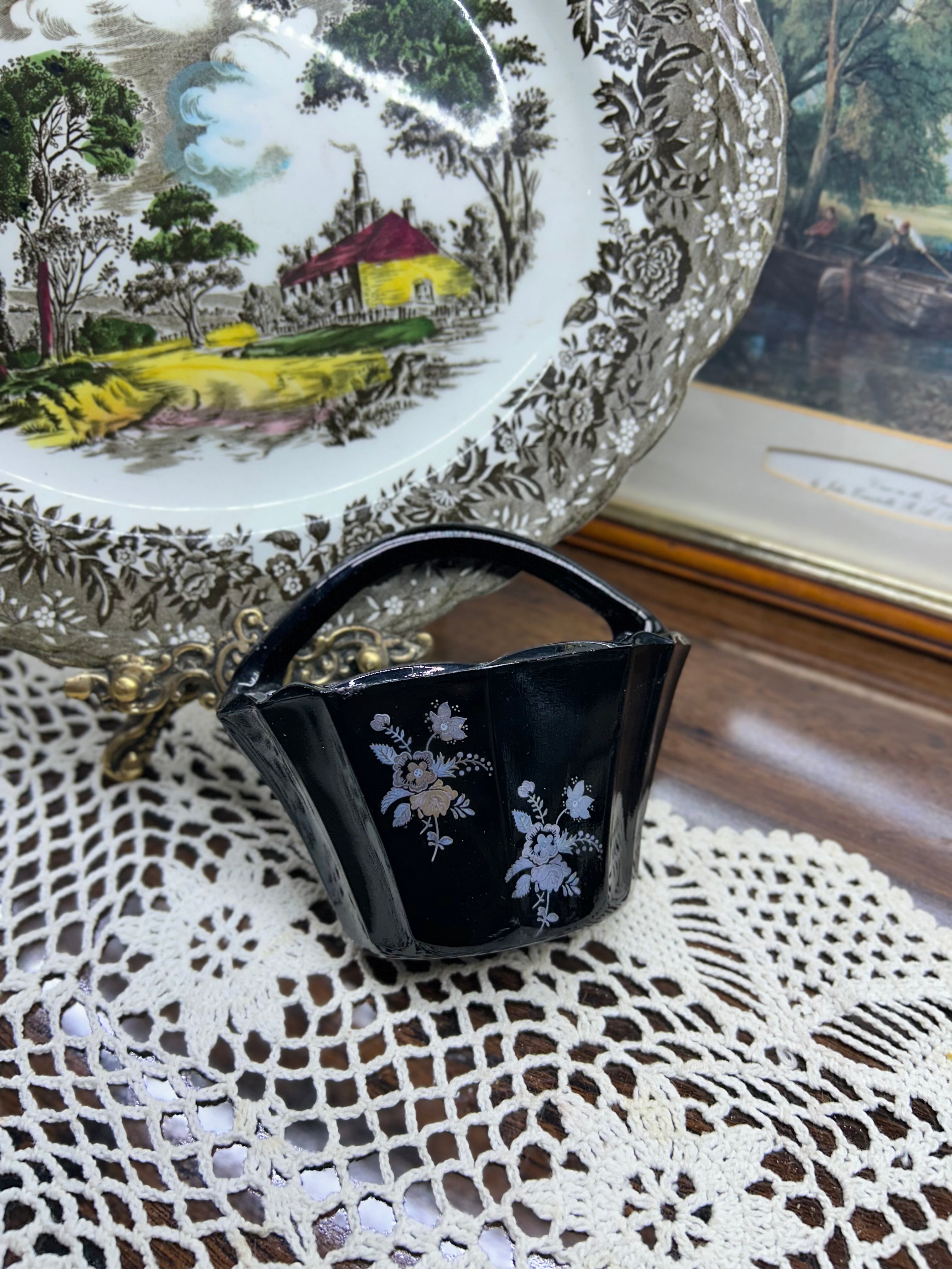 vintage black glass basket vase — Art deco