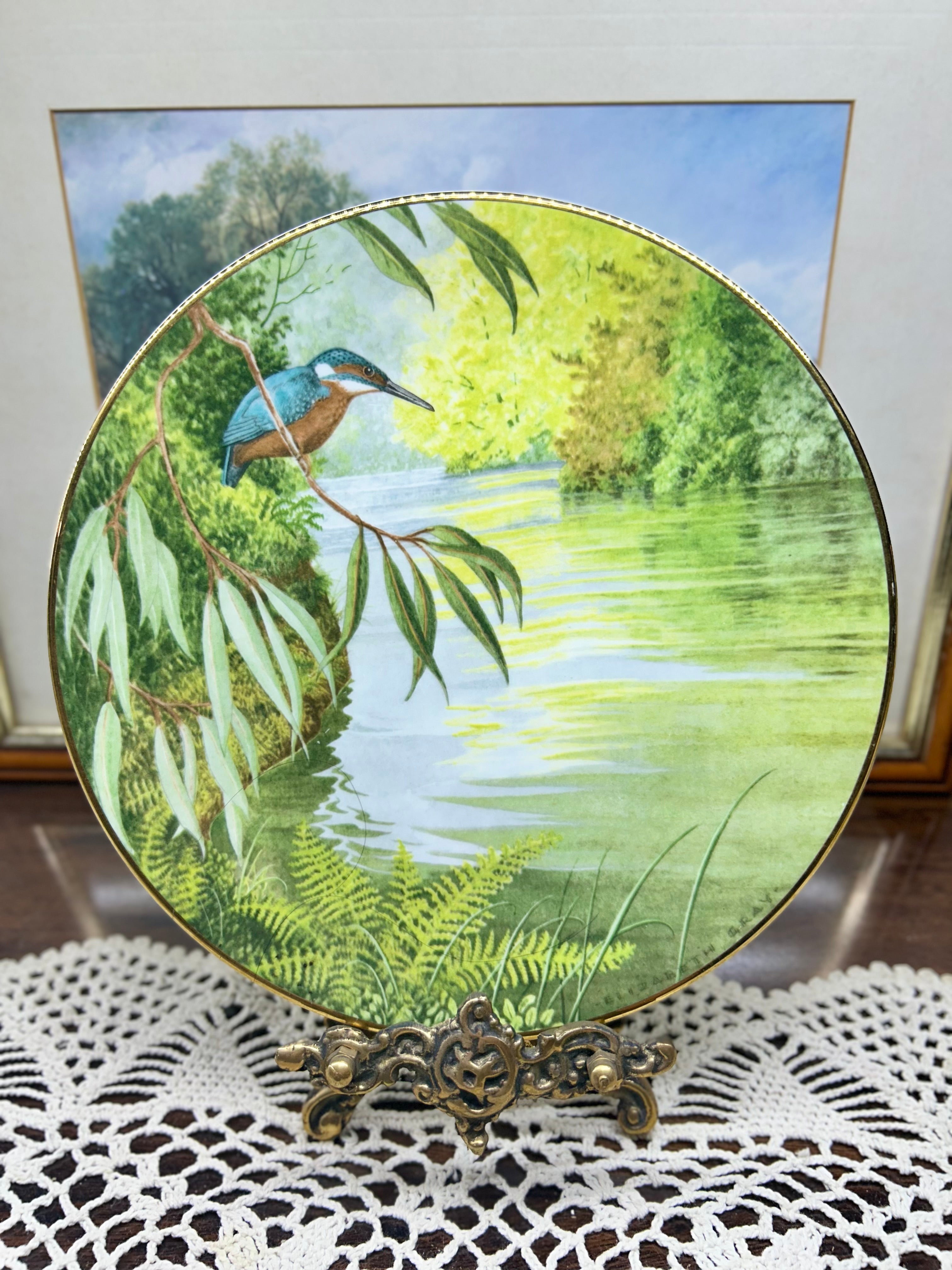 Vintage wall decorative Royal Doulton collector plate titled "The Riverside Kingfisher" — England