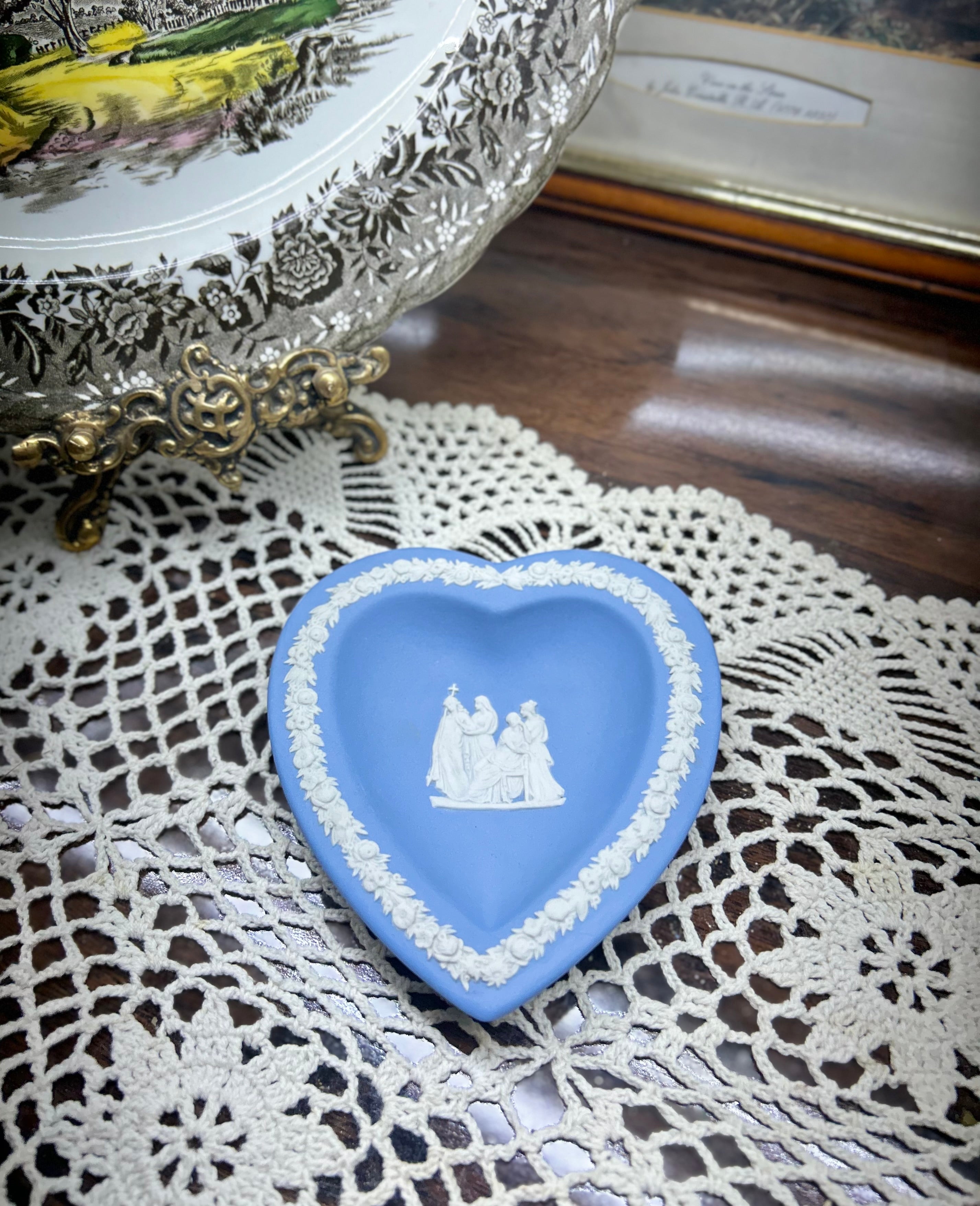 Vintage blue Wedgwood Jasperware heart-shaped trinket dish — with white classical relief figures.